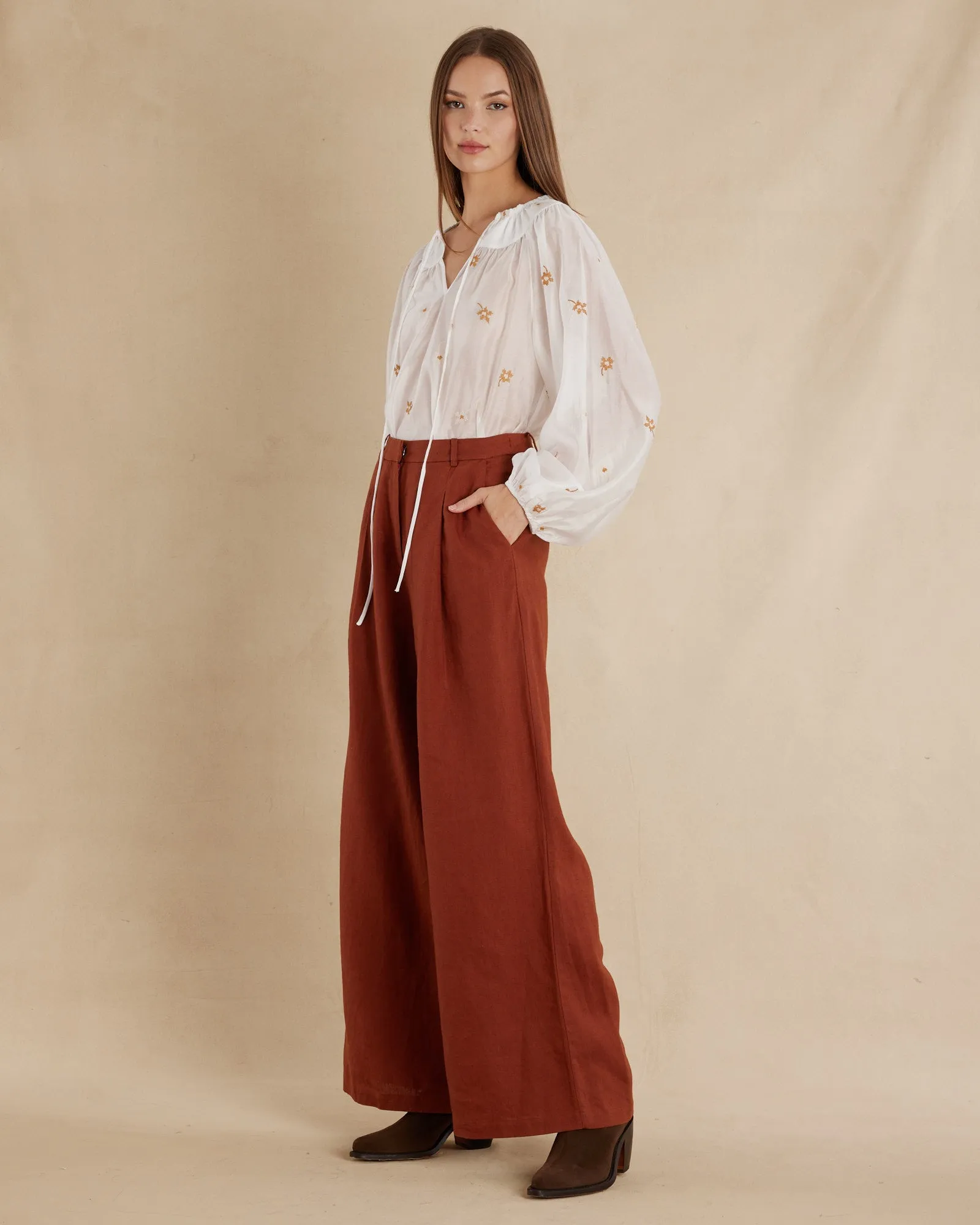 Alexandra Linen Pant - Rust