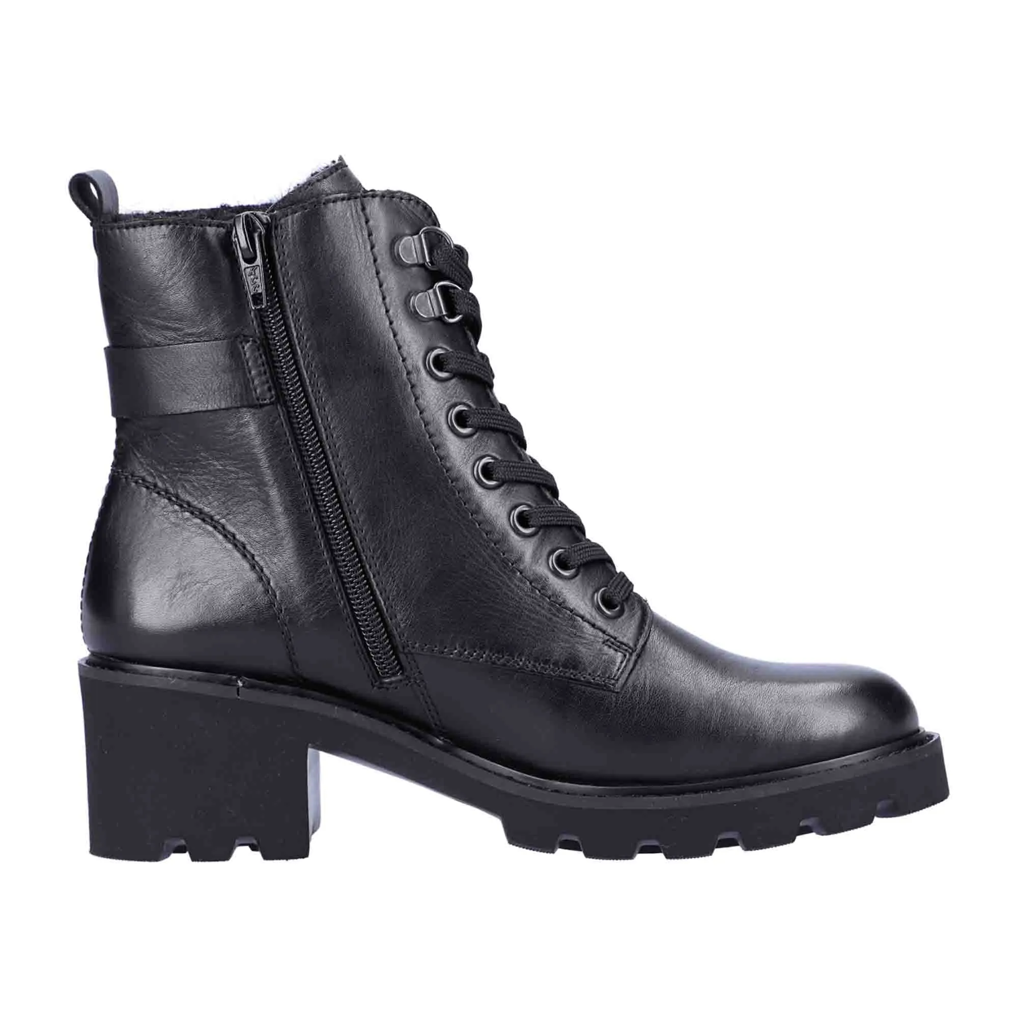 Black Leather Biker Boots for Women with Buckle and Zipper