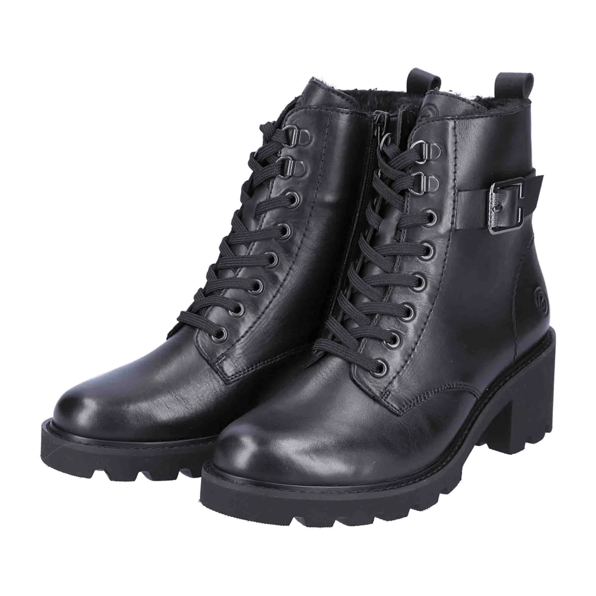 Black Leather Biker Boots for Women with Buckle and Zipper