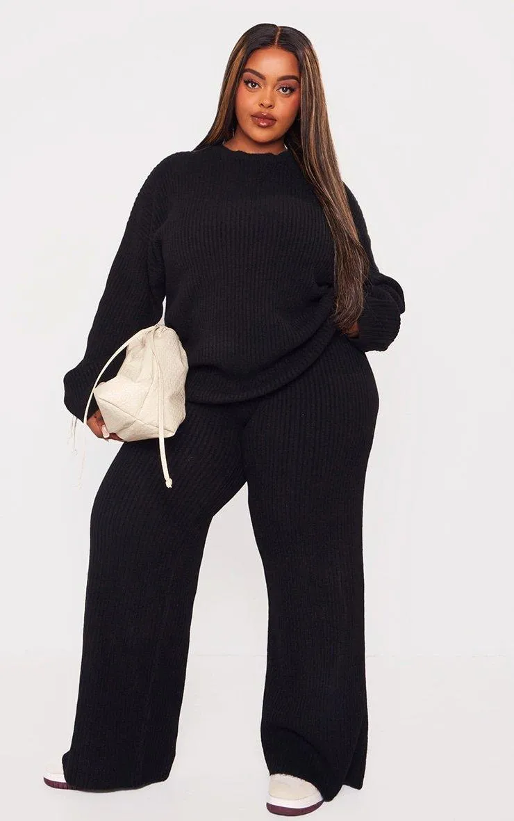 Black Plus Size Rib Knit Trousers