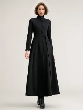 Black Wool Blend Winter Coat with Sash Belt - Women's Full-Length Warm Outerwear | 2024 Collection