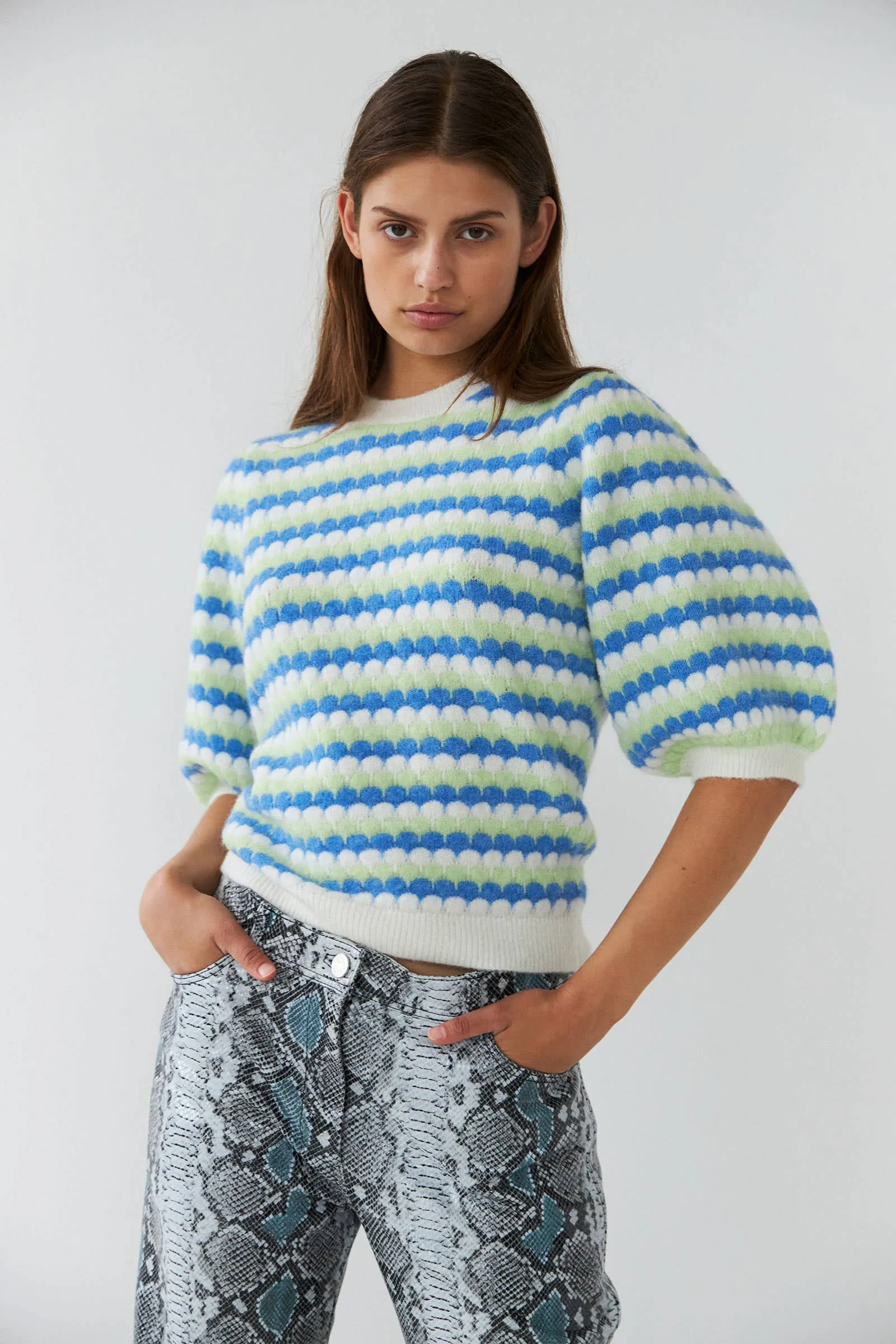 Blue Striped Knit Short Sleeve Sweater