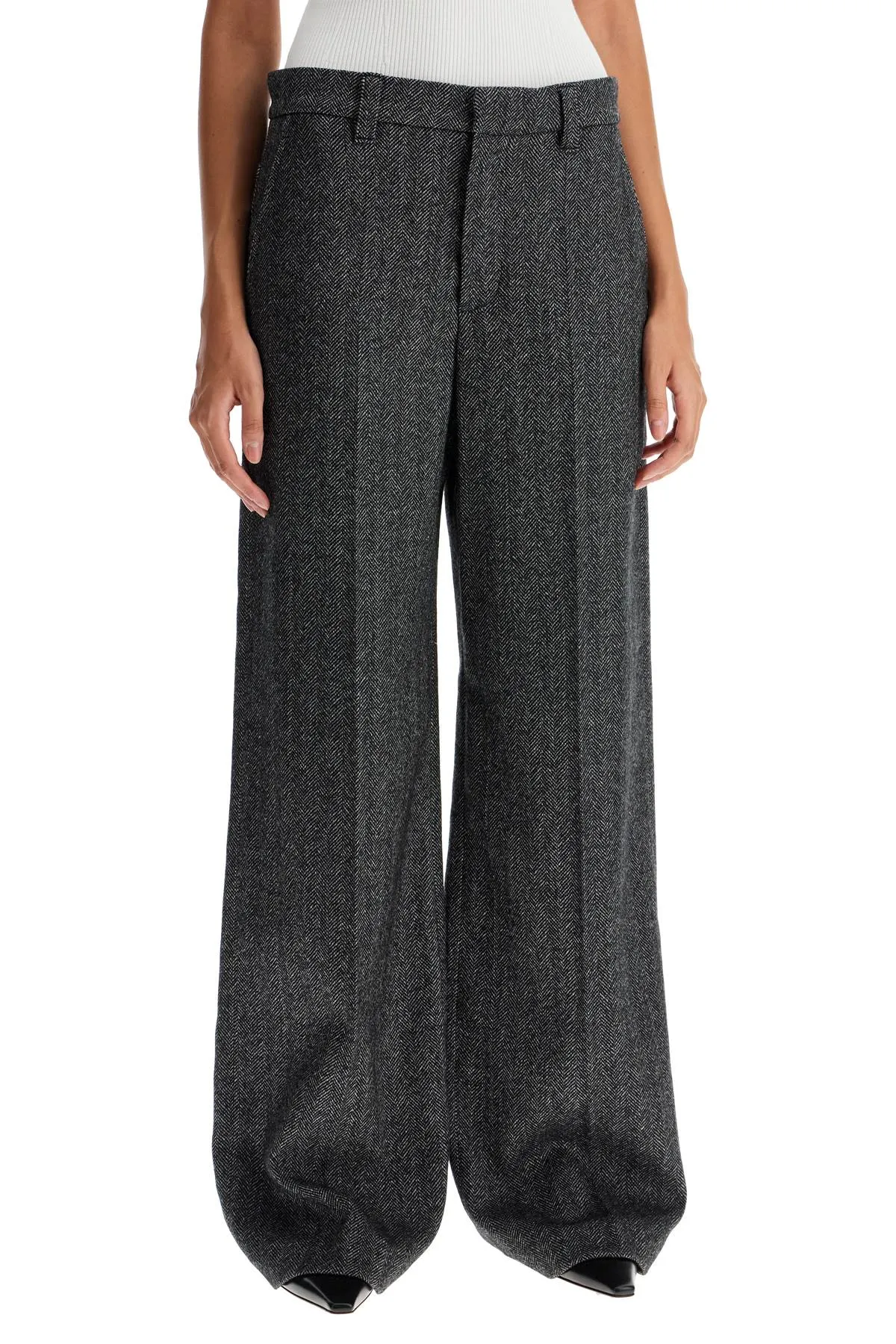 BRUNELLO CUCINELLI Stretch Wool Herringbone Trousers Wide Straight Leg Size 38