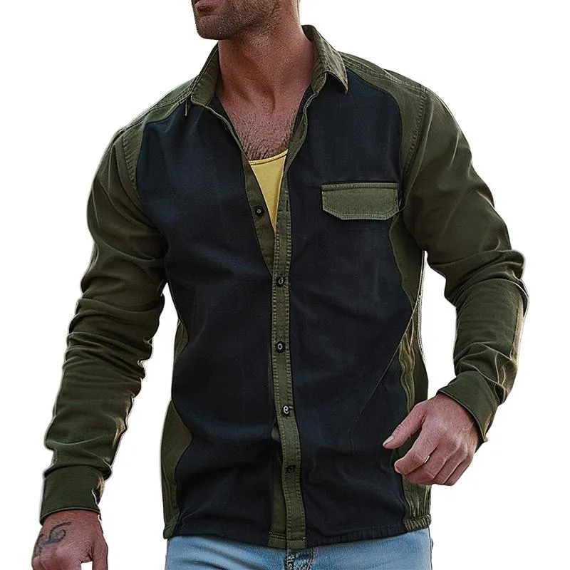 Colorblock Men's Shirt Jacket retro style for casual wear.