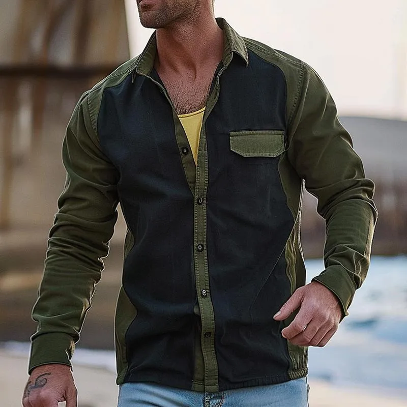 Colorblock Men's Shirt Jacket retro style for casual wear.