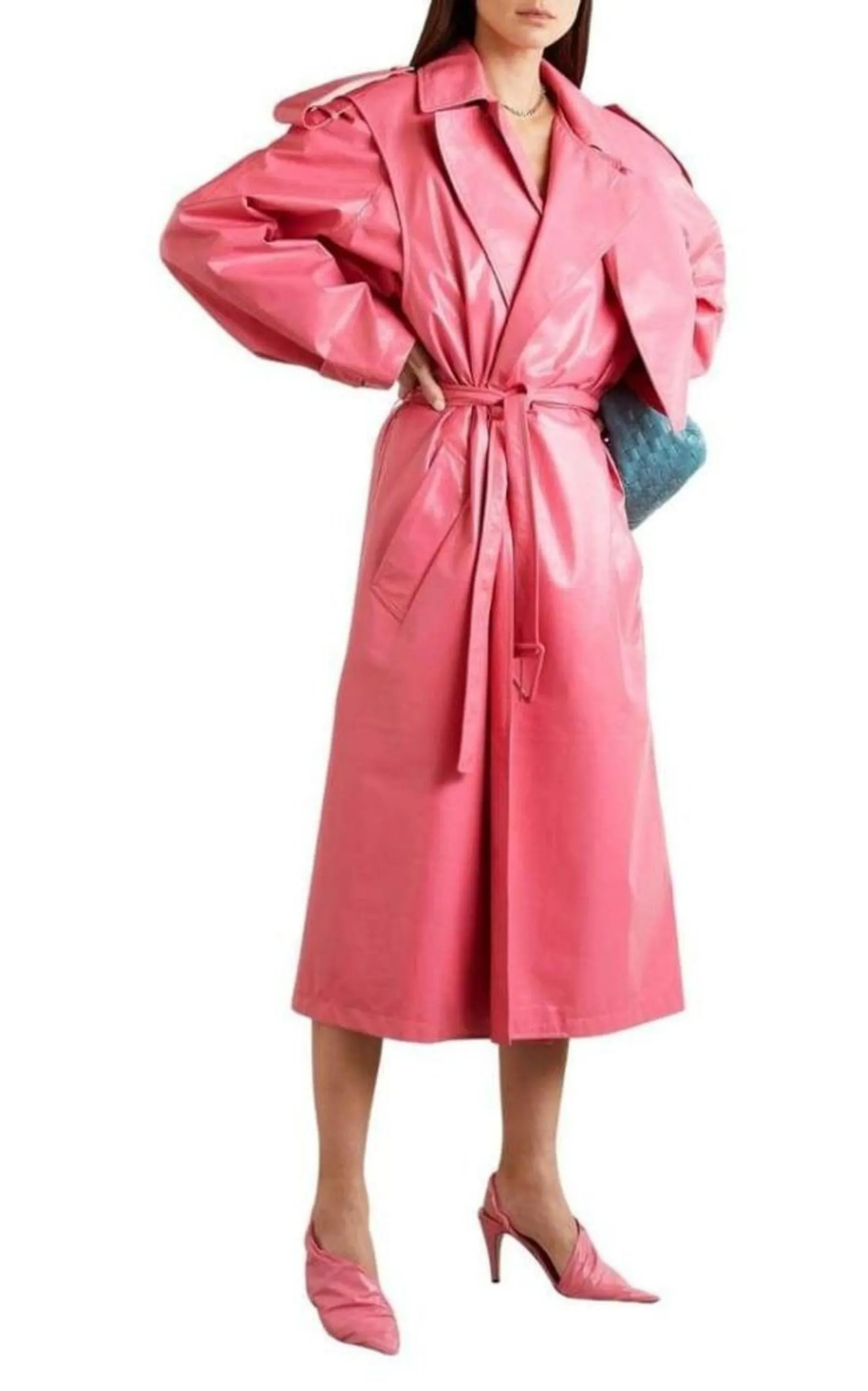 Crinkled Leather Trench Coat with Convertible Design