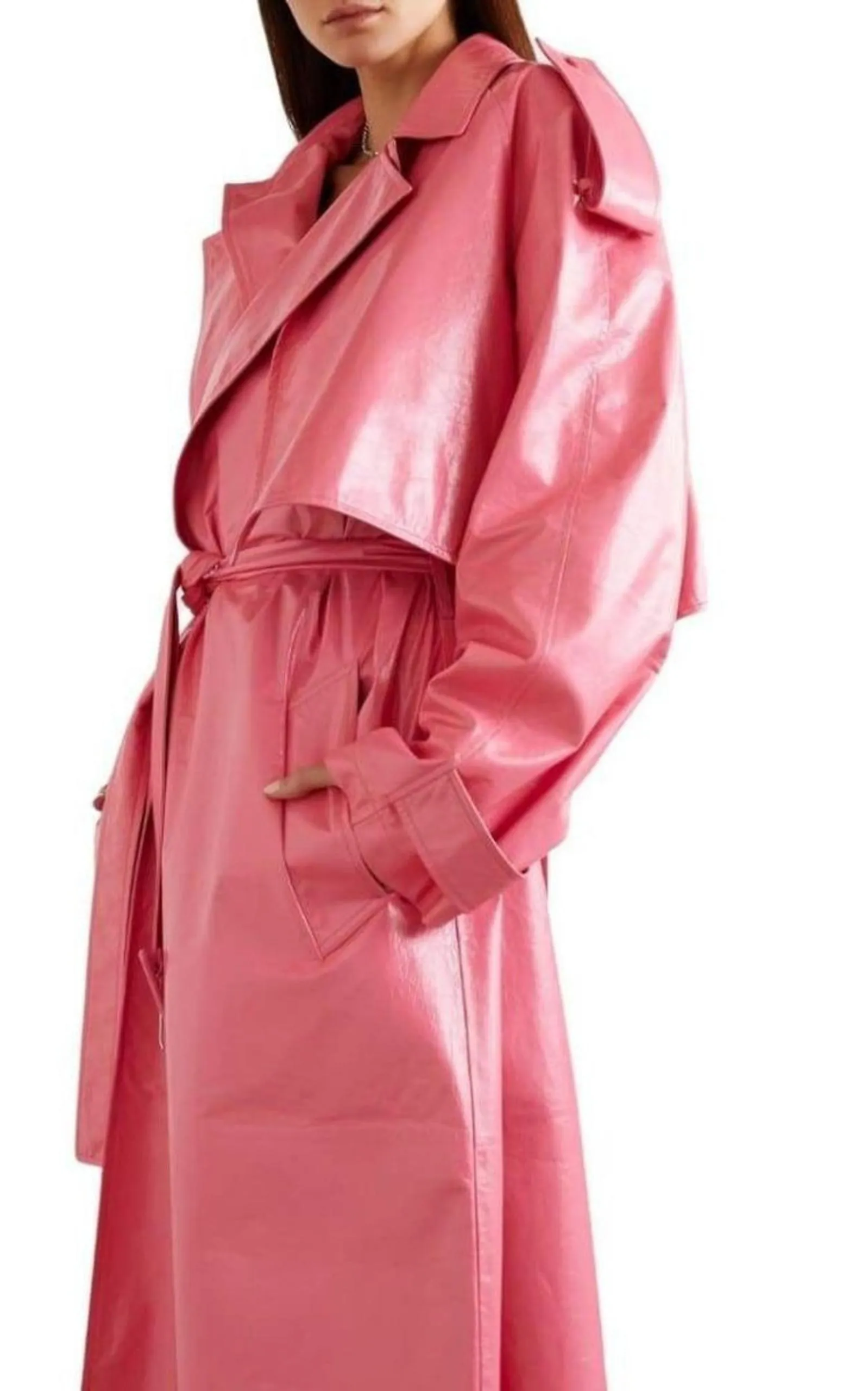 Crinkled Leather Trench Coat with Convertible Design