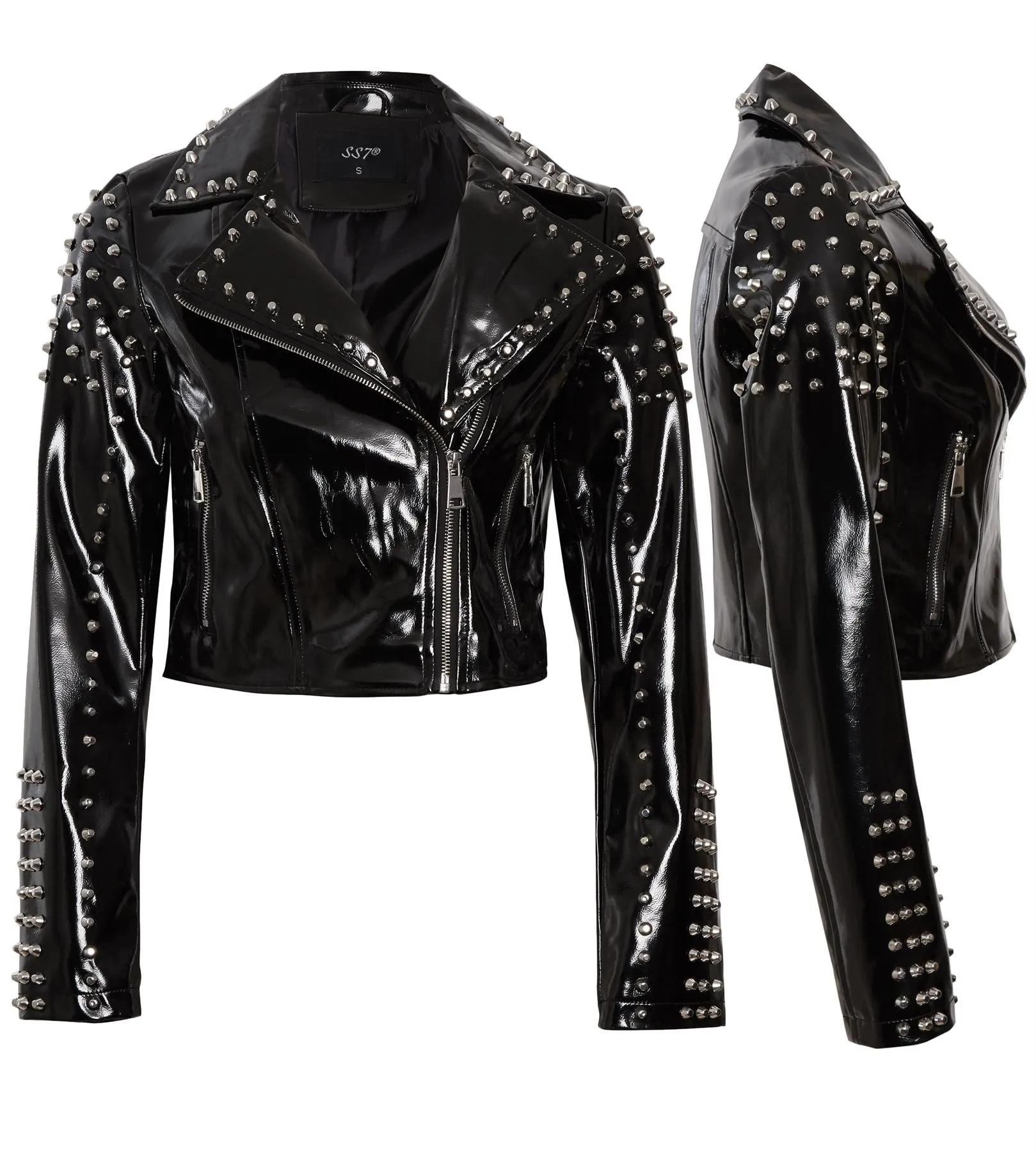 Cropped Black Patent Vinyl Biker Jacket with Studs, UK Sizes 6-12