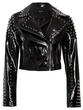 Cropped Black Patent Vinyl Biker Jacket with Studs, UK Sizes 6-12