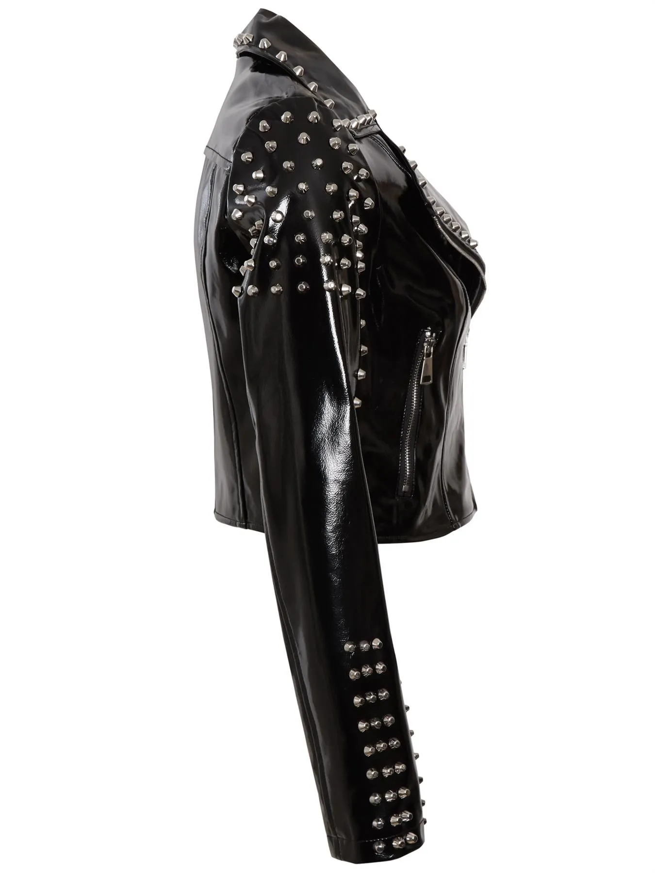 Cropped Black Patent Vinyl Biker Jacket with Studs, UK Sizes 6-12