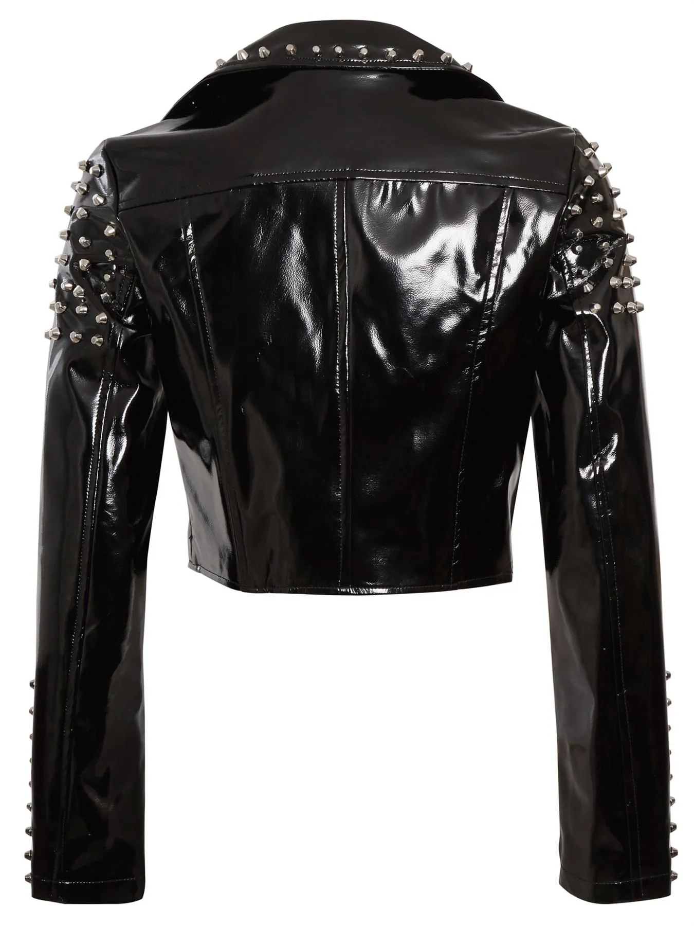 Cropped Black Patent Vinyl Biker Jacket with Studs, UK Sizes 6-12