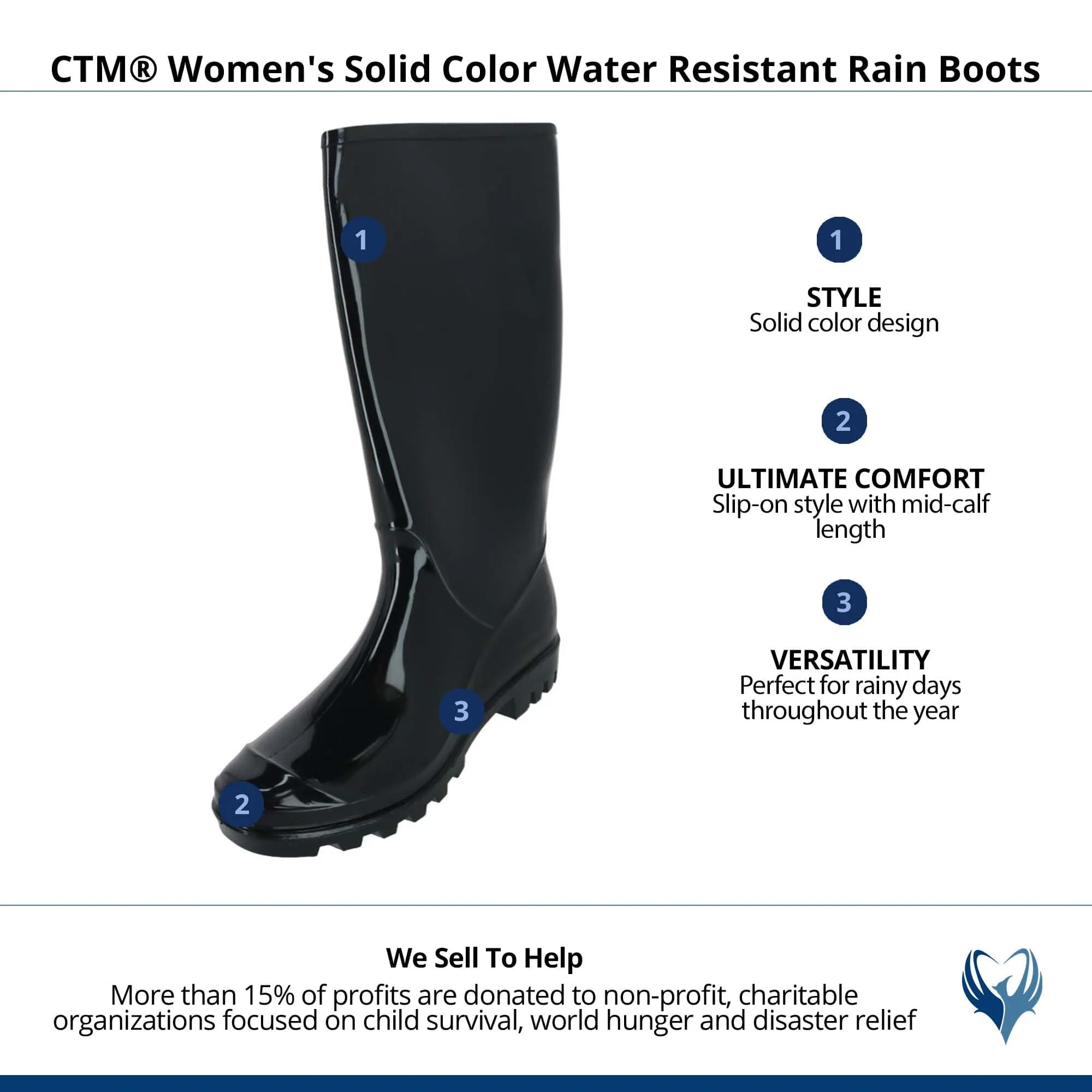 CTM Women's Waterproof Rain Boots in Solid Color