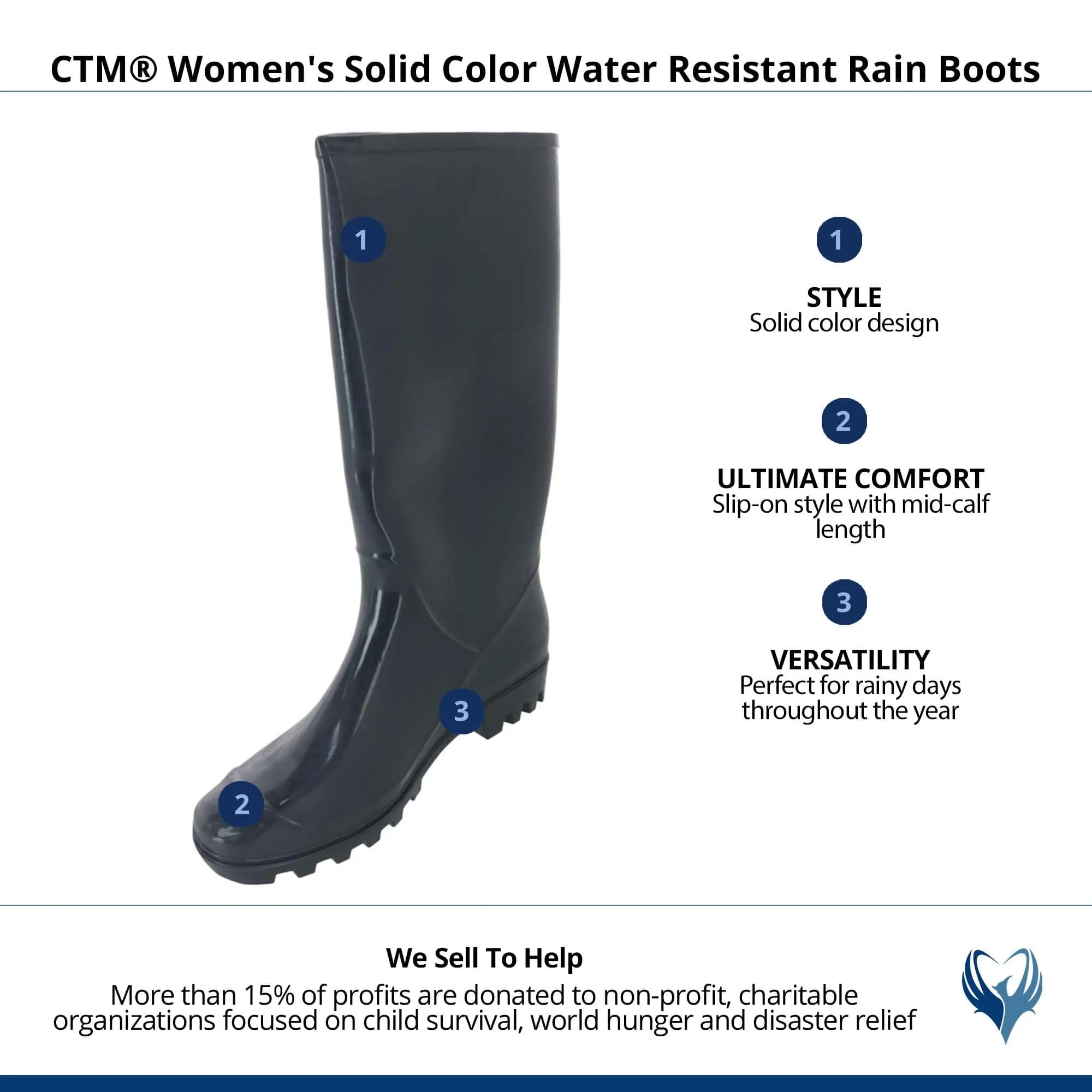 CTM Women's Waterproof Rain Boots in Solid Color