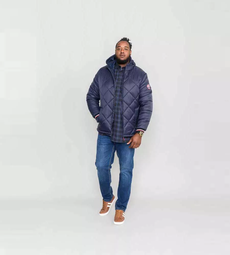 D555 Mens Diamond Quilted Puffer Jacket With Hood and Ribbed Cuffs (ANGUS)