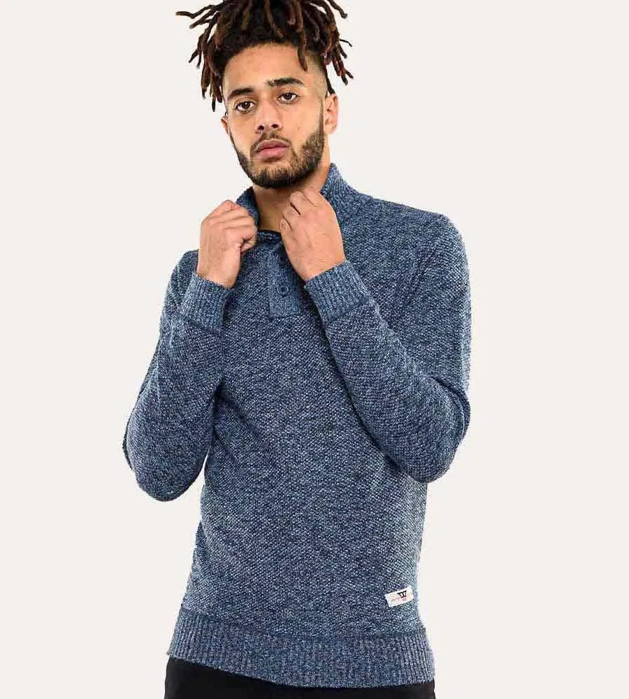 Wilmington Blue Twisted Yarn Sweater With Zipper & Button Neck for Men by D555