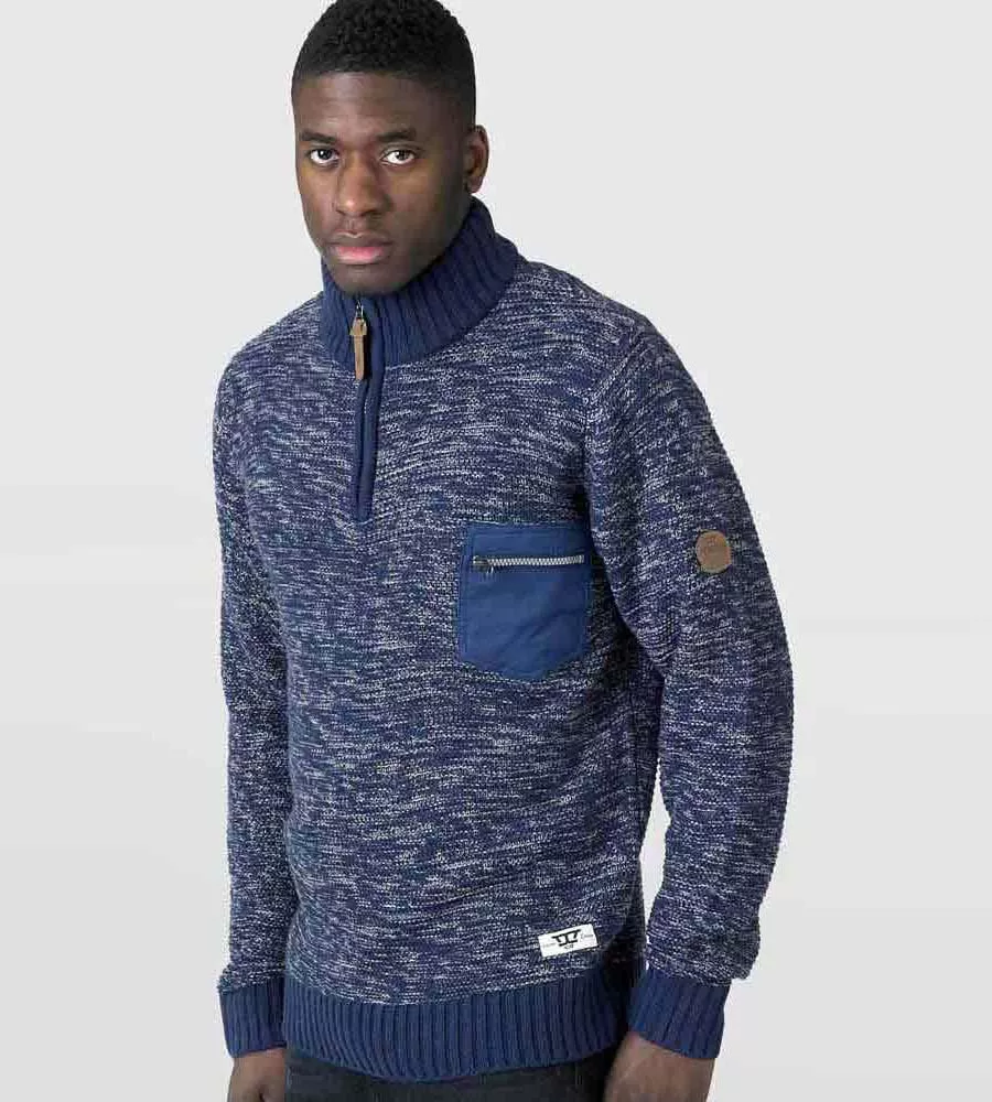 Remington Navy Zipper Neck Sweater With Woven Zipper Chest Pocket for Men by D555