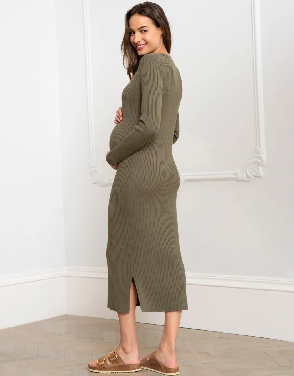 Darlina | Khaki Ribbed Knit Midi Maternity Dress