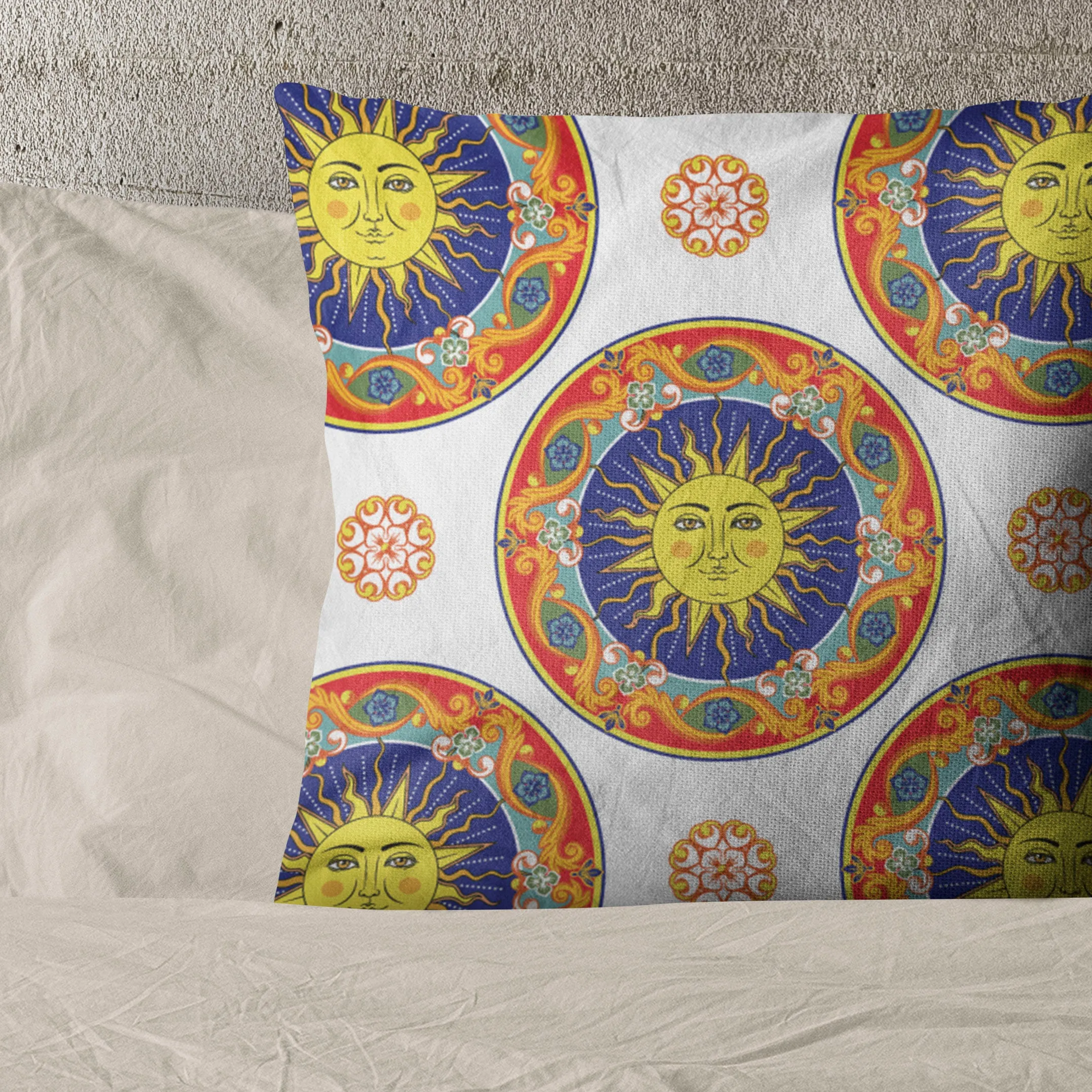 Ethnic Mandala Sun Face Print Linen Fabric - Yard/Meter - Bedding, Curtains, Clothing, Uphol - Shop Now