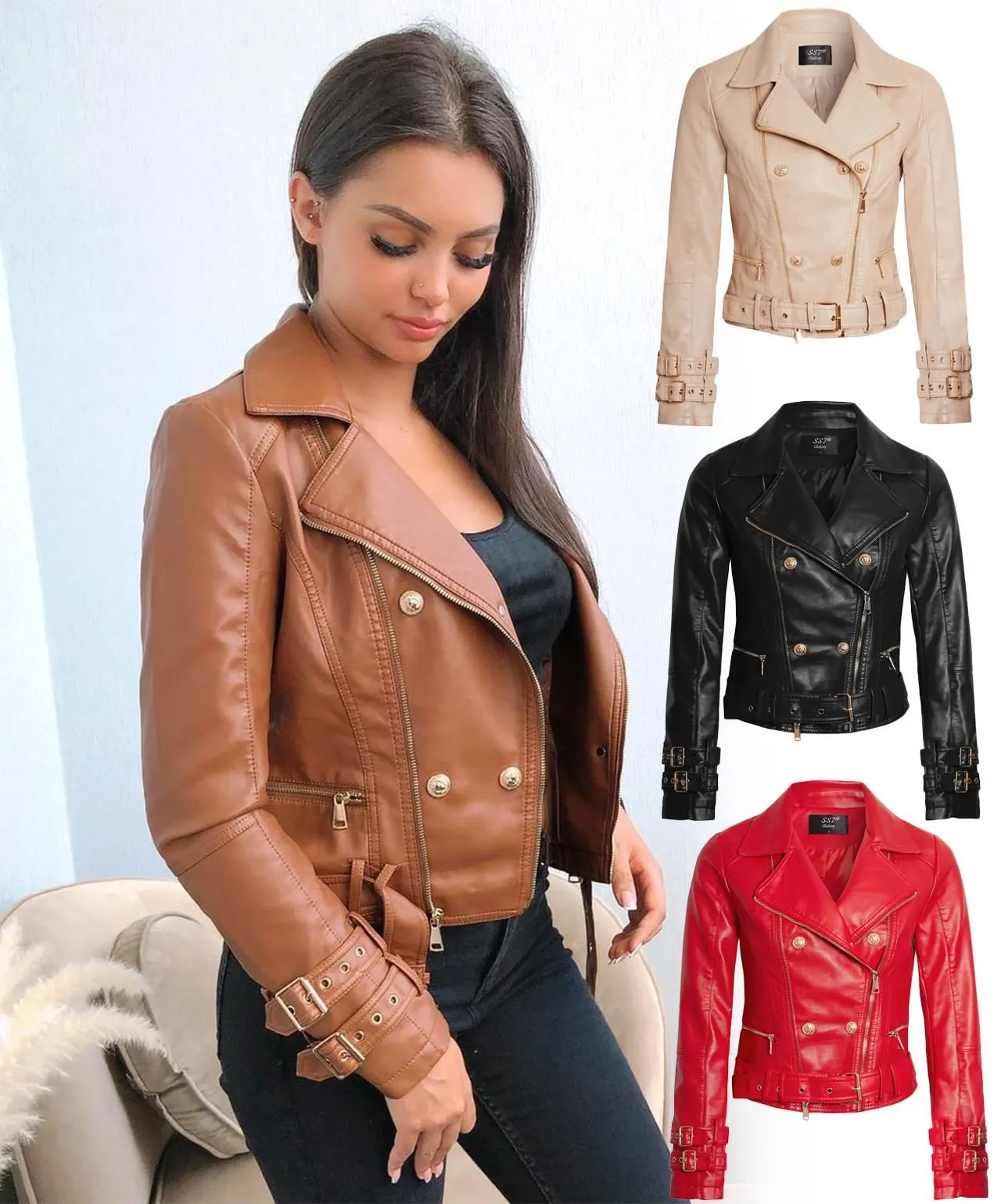 PU Biker Jacket in Tan, Black, Stone, Red, and Navy, UK Sizes 8-14