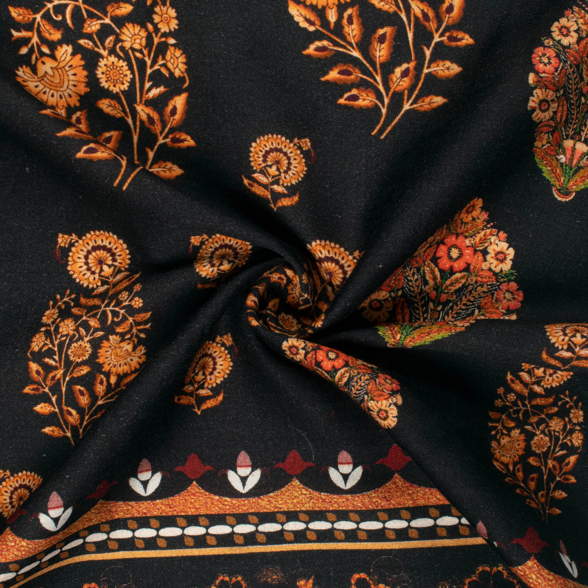 Fire Orange Black Floral Digital Print Viscose Rayon Fabric 58 Width