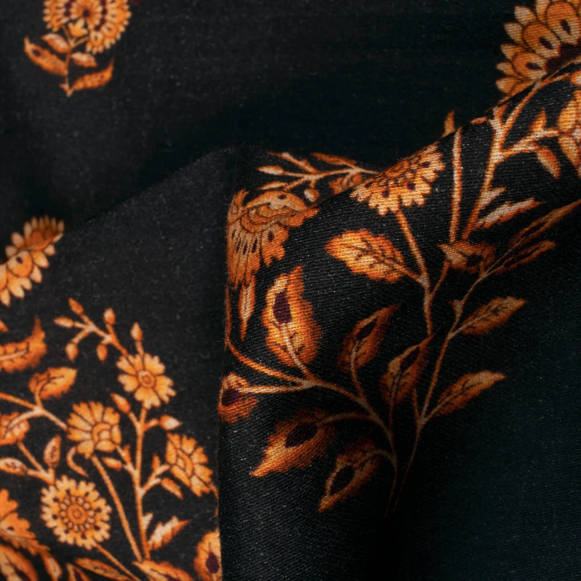 Fire Orange Black Floral Digital Print Viscose Rayon Fabric 58 Width