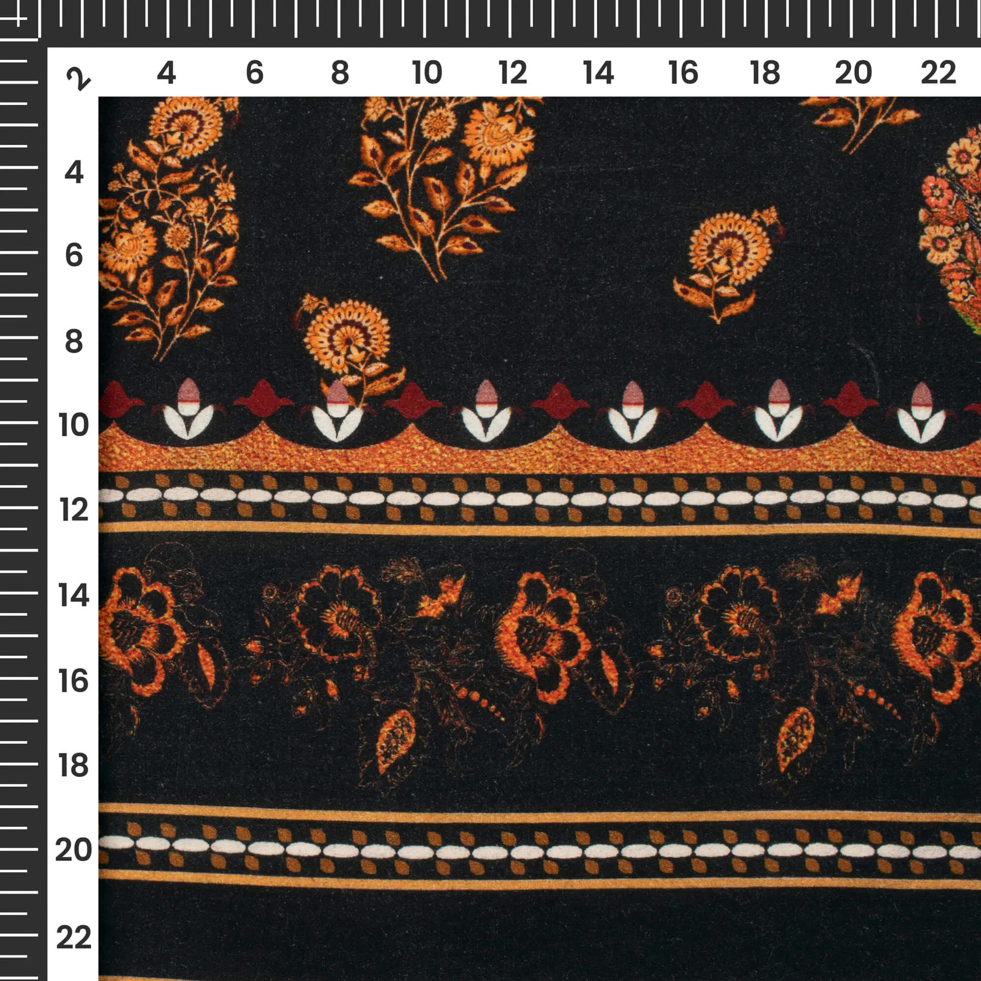 Fire Orange Black Floral Digital Print Viscose Rayon Fabric 58 Width