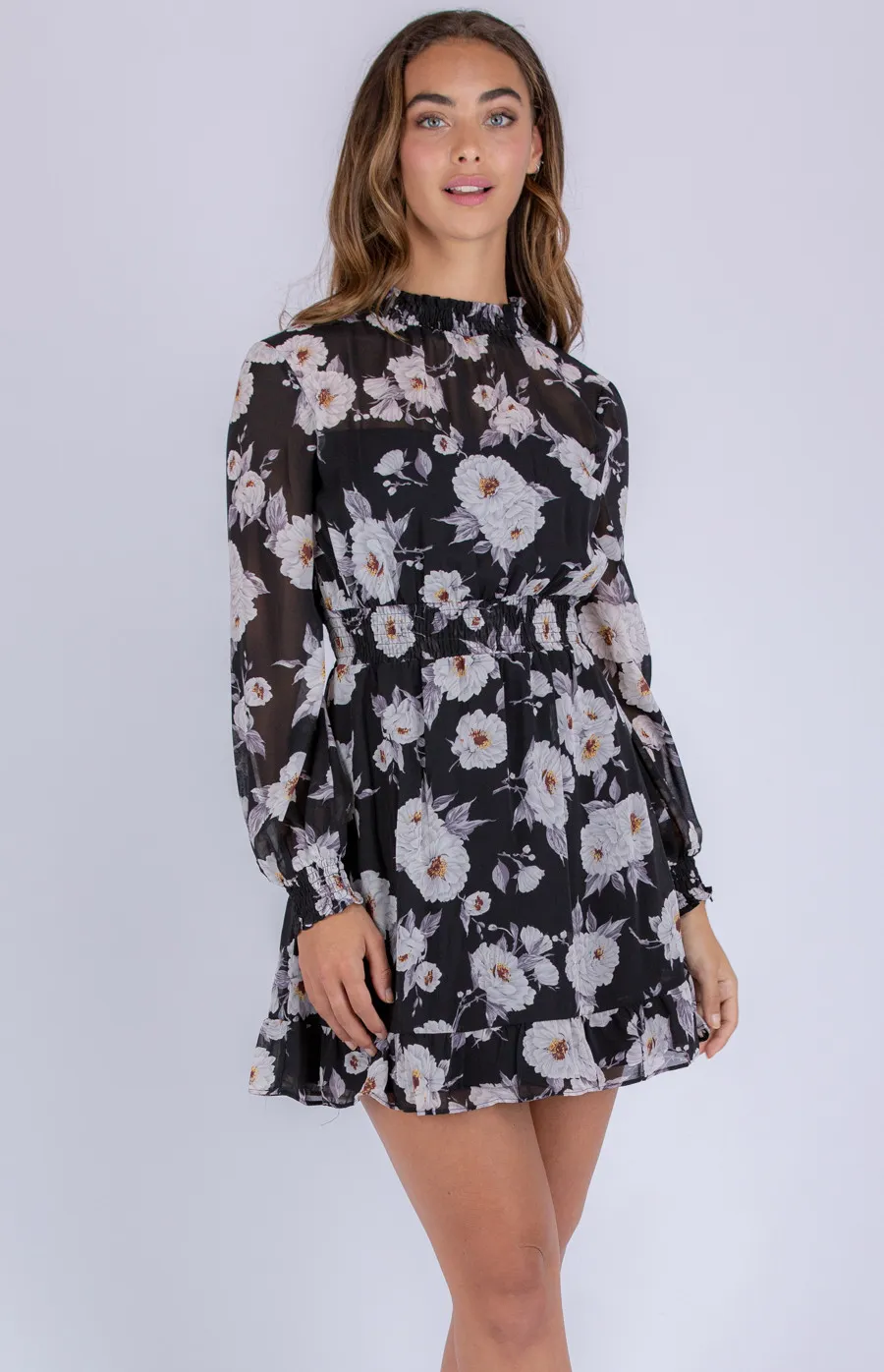 Floral Chiffon Dress with Shirred Detailing