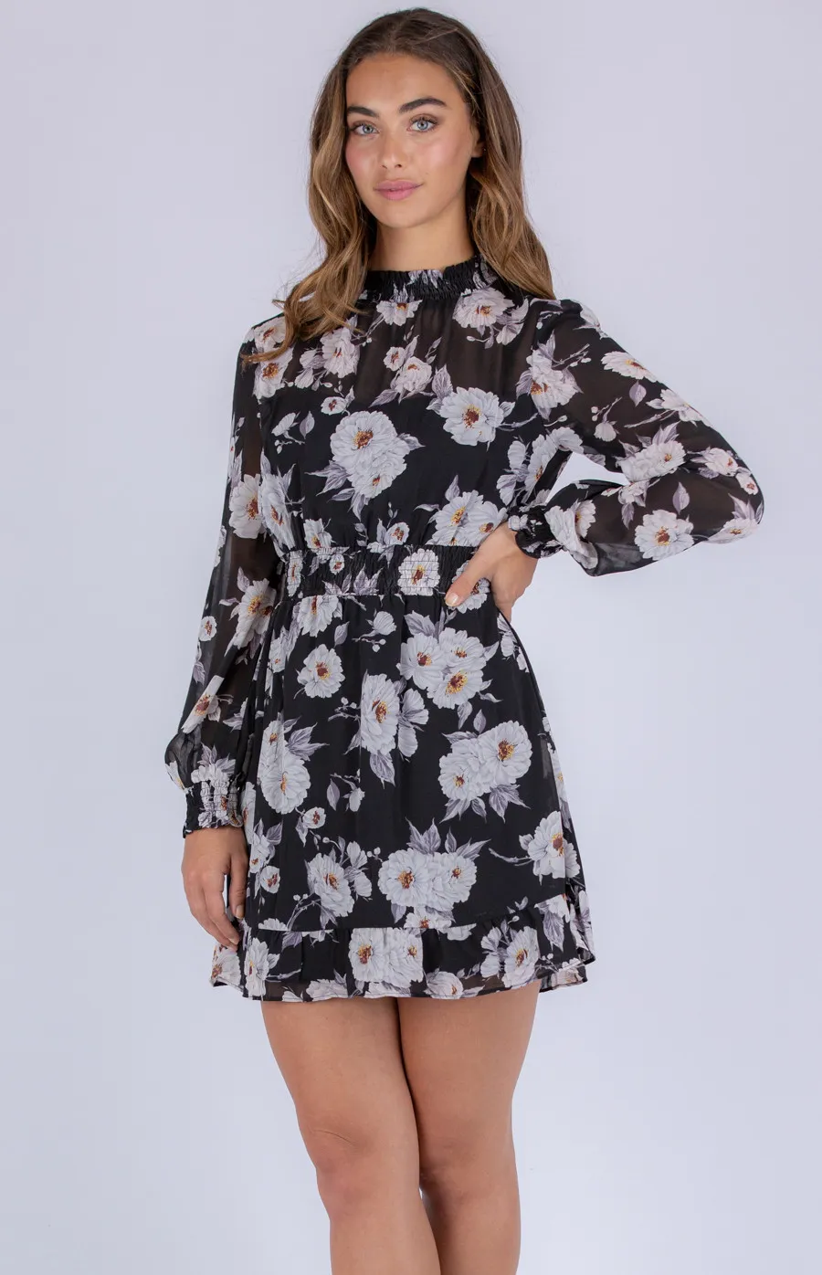 Floral Chiffon Dress with Shirred Detailing