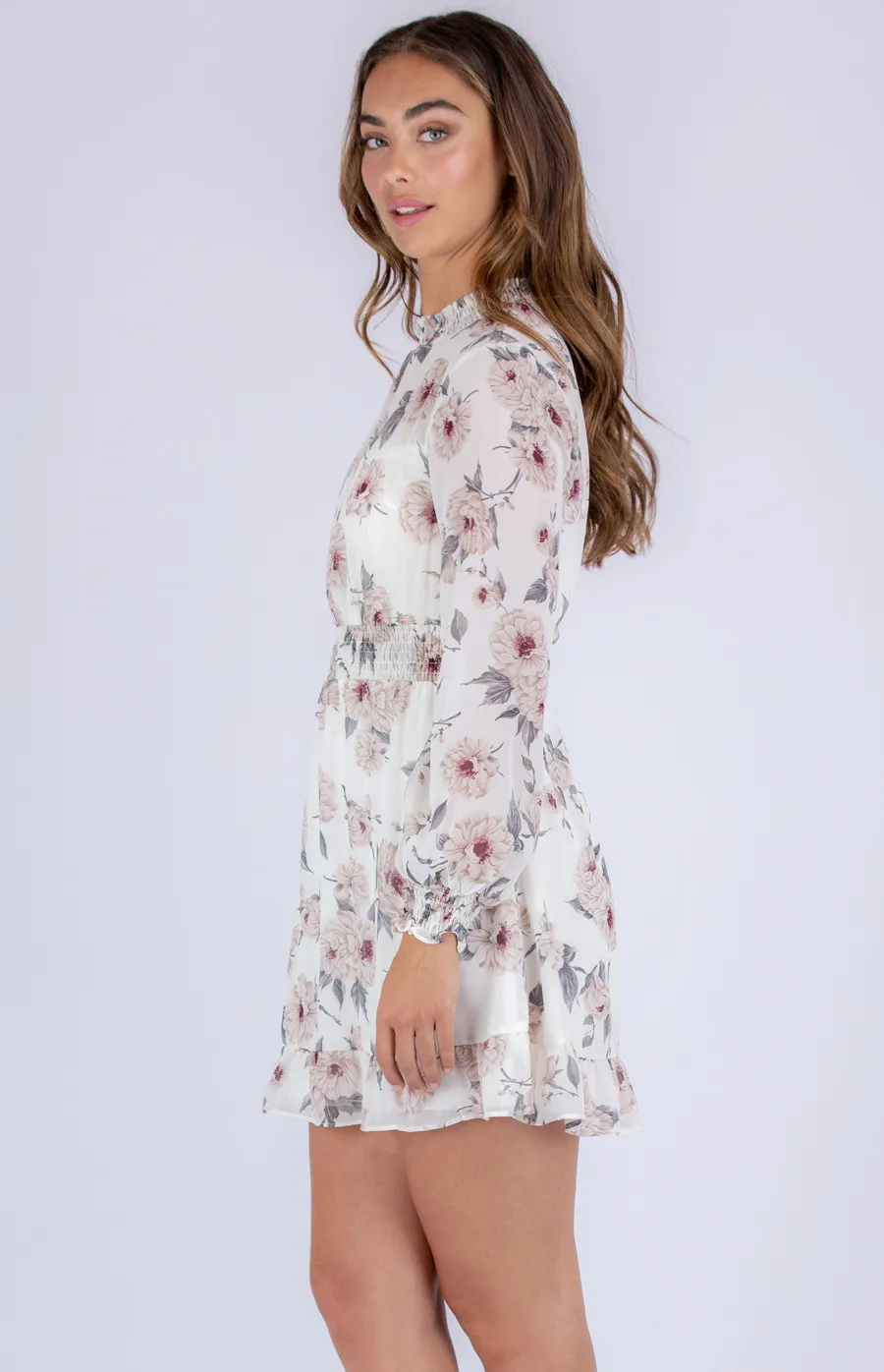 Floral Chiffon Dress with Shirred Detailing