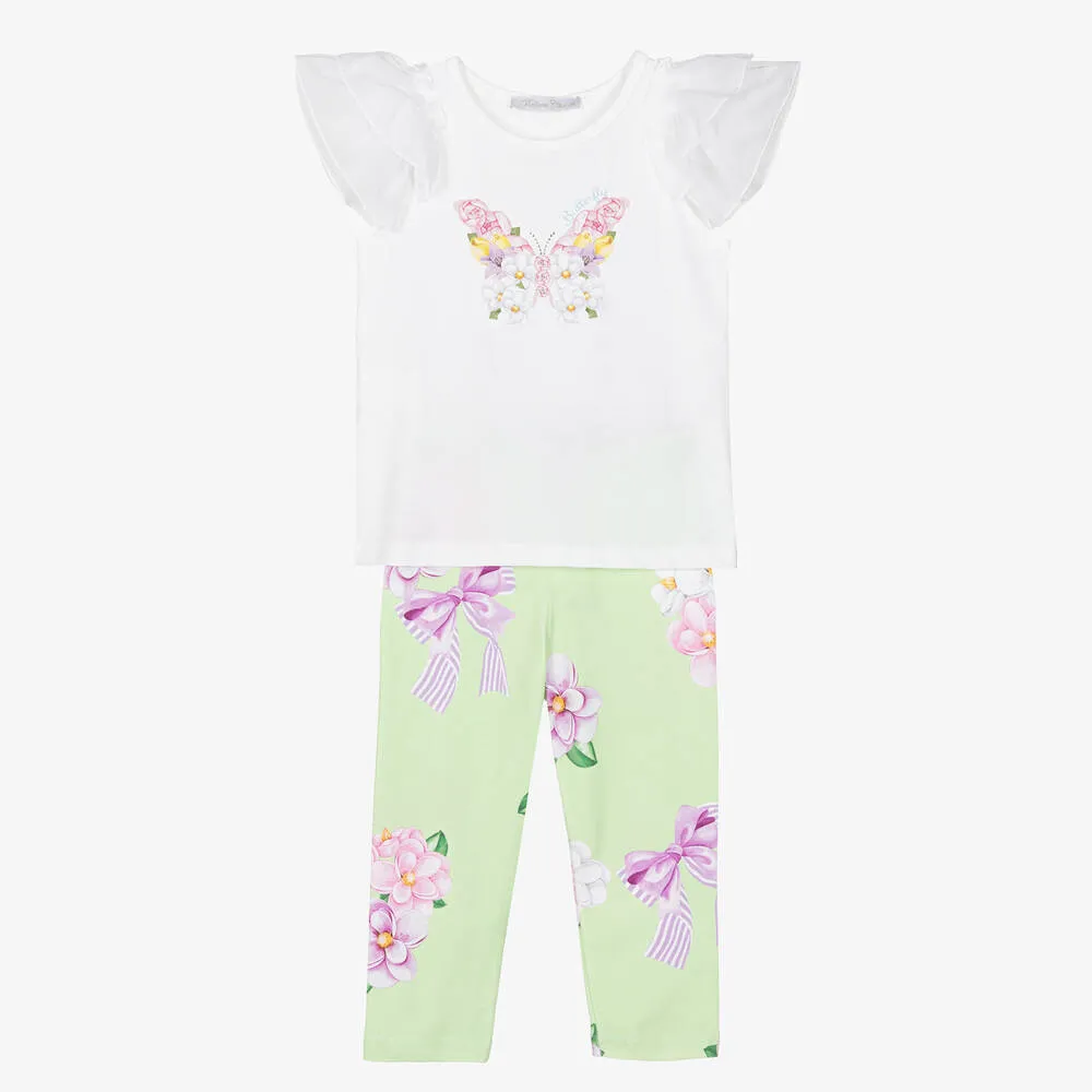 Floral Leggings Set in Green Cotton for Girls