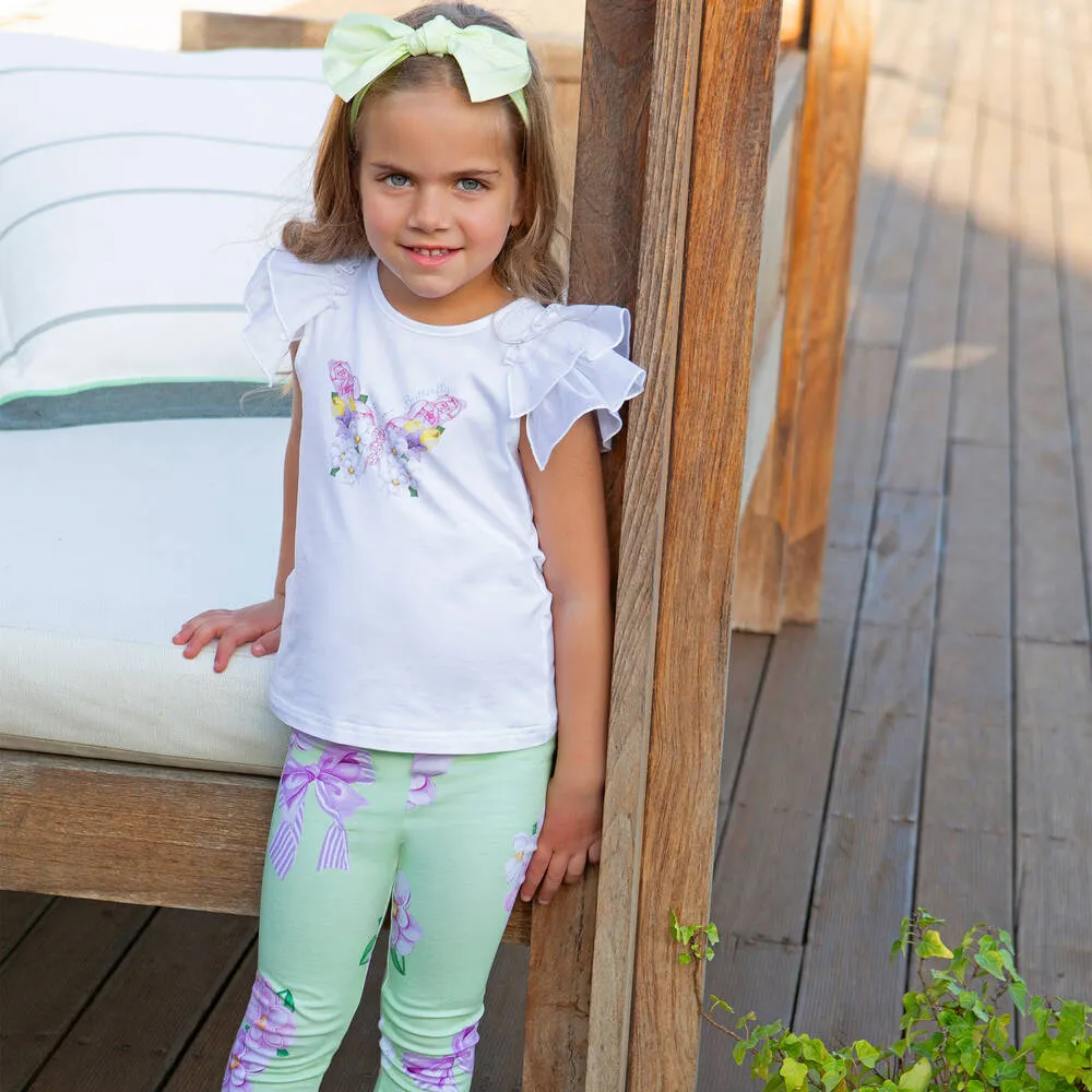 Floral Leggings Set in Green Cotton for Girls