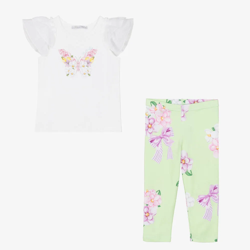 Floral Leggings Set in Green Cotton for Girls