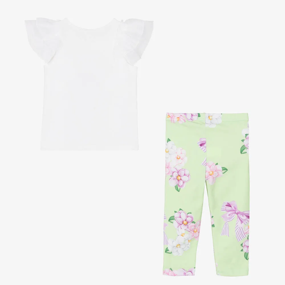 Floral Leggings Set in Green Cotton for Girls