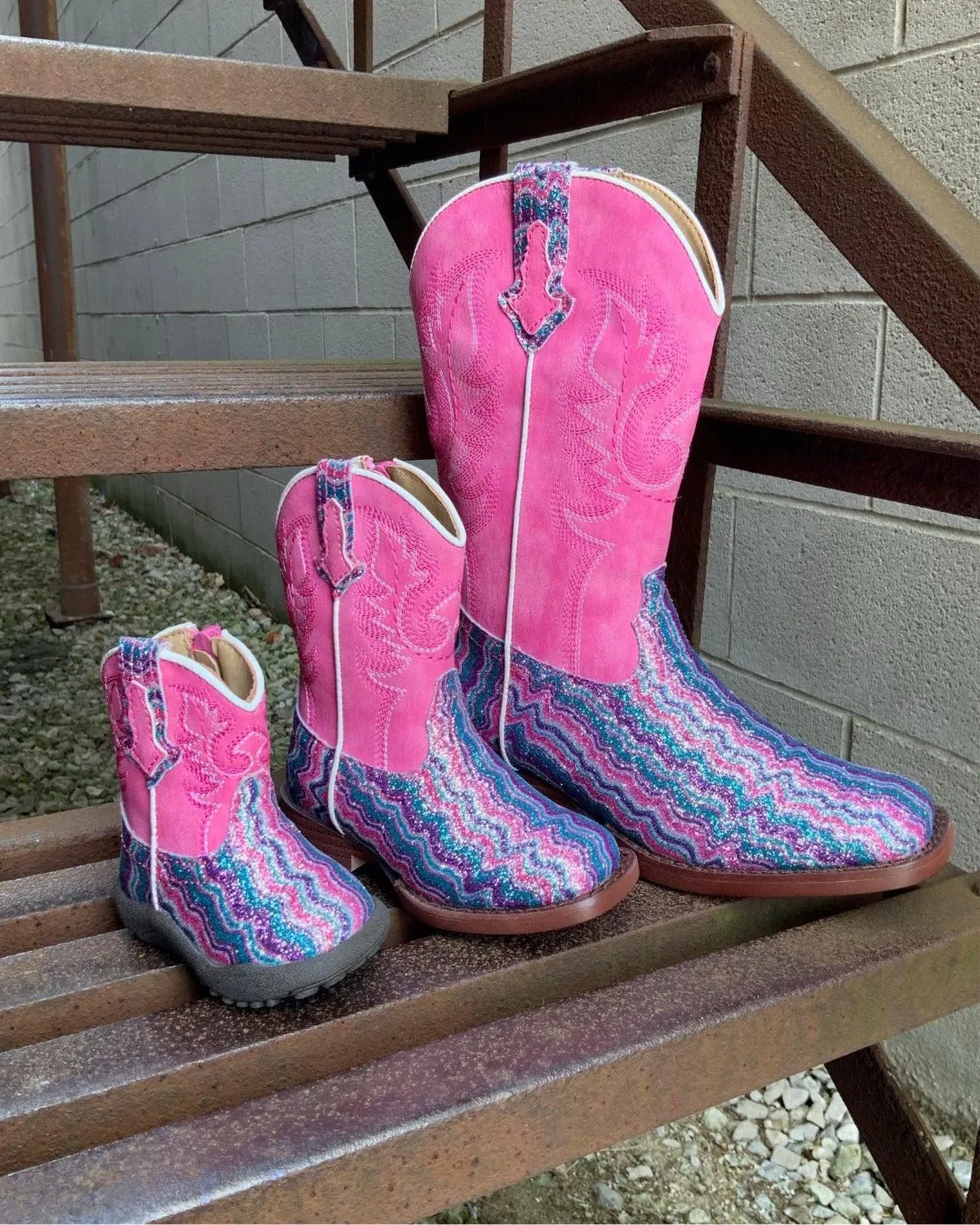 Glitter Pink Chevron Cowgirl Boots for Girls | Square Toe - Roper 1901-2922