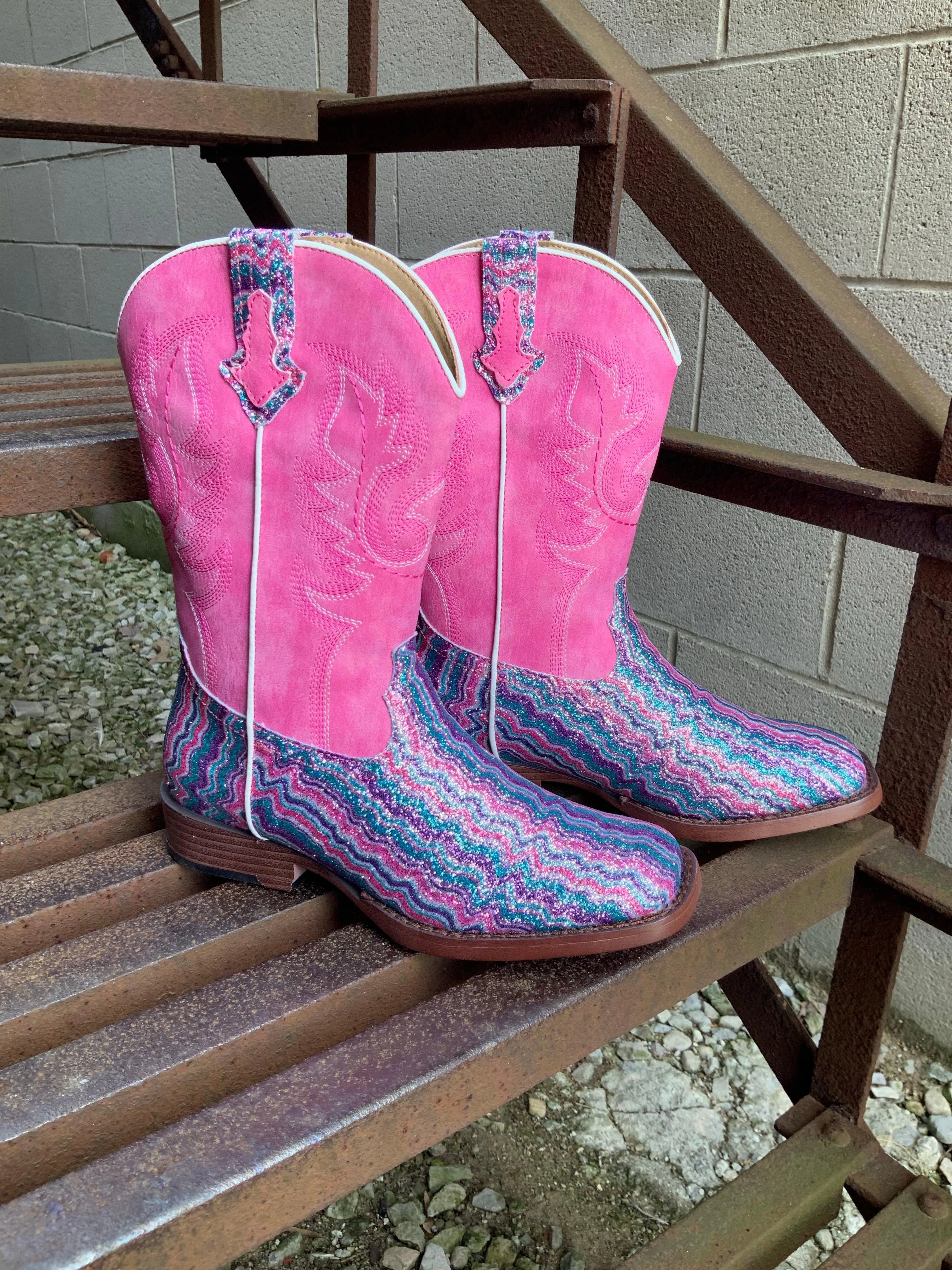 Glitter Pink Chevron Cowgirl Boots for Girls | Square Toe - Roper 1901-2922