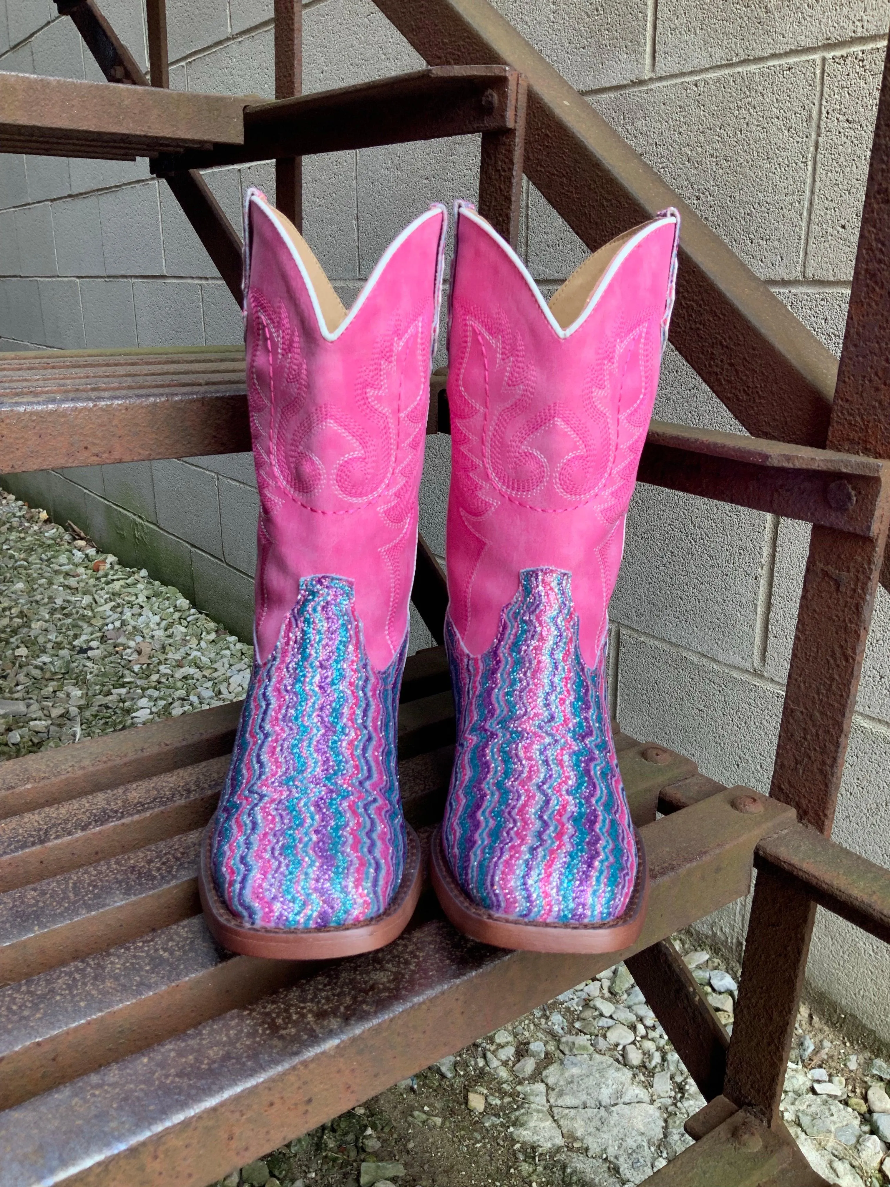 Glitter Pink Chevron Cowgirl Boots for Girls | Square Toe - Roper 1901-2922