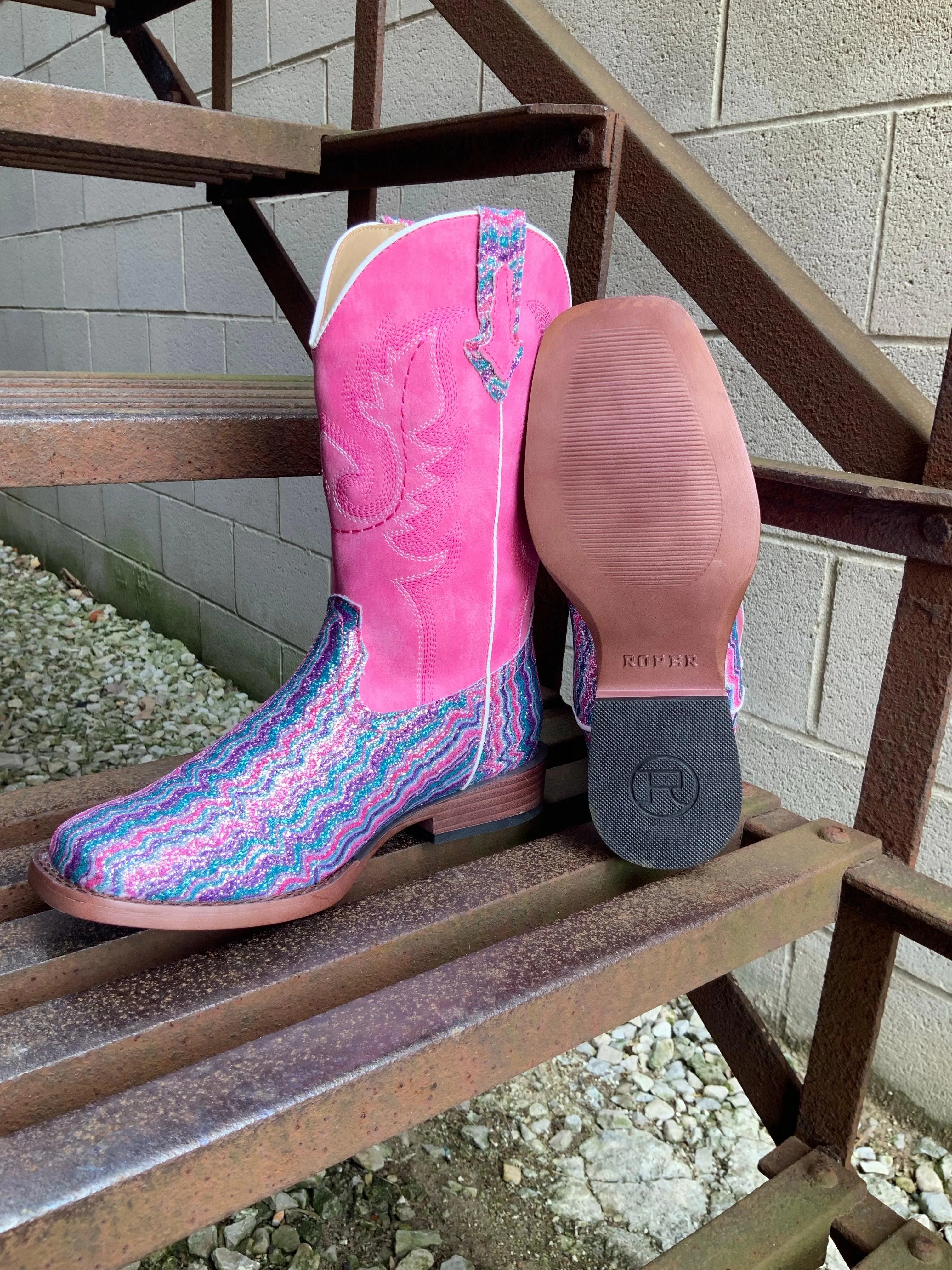 Glitter Pink Chevron Cowgirl Boots for Girls | Square Toe - Roper 1901-2922