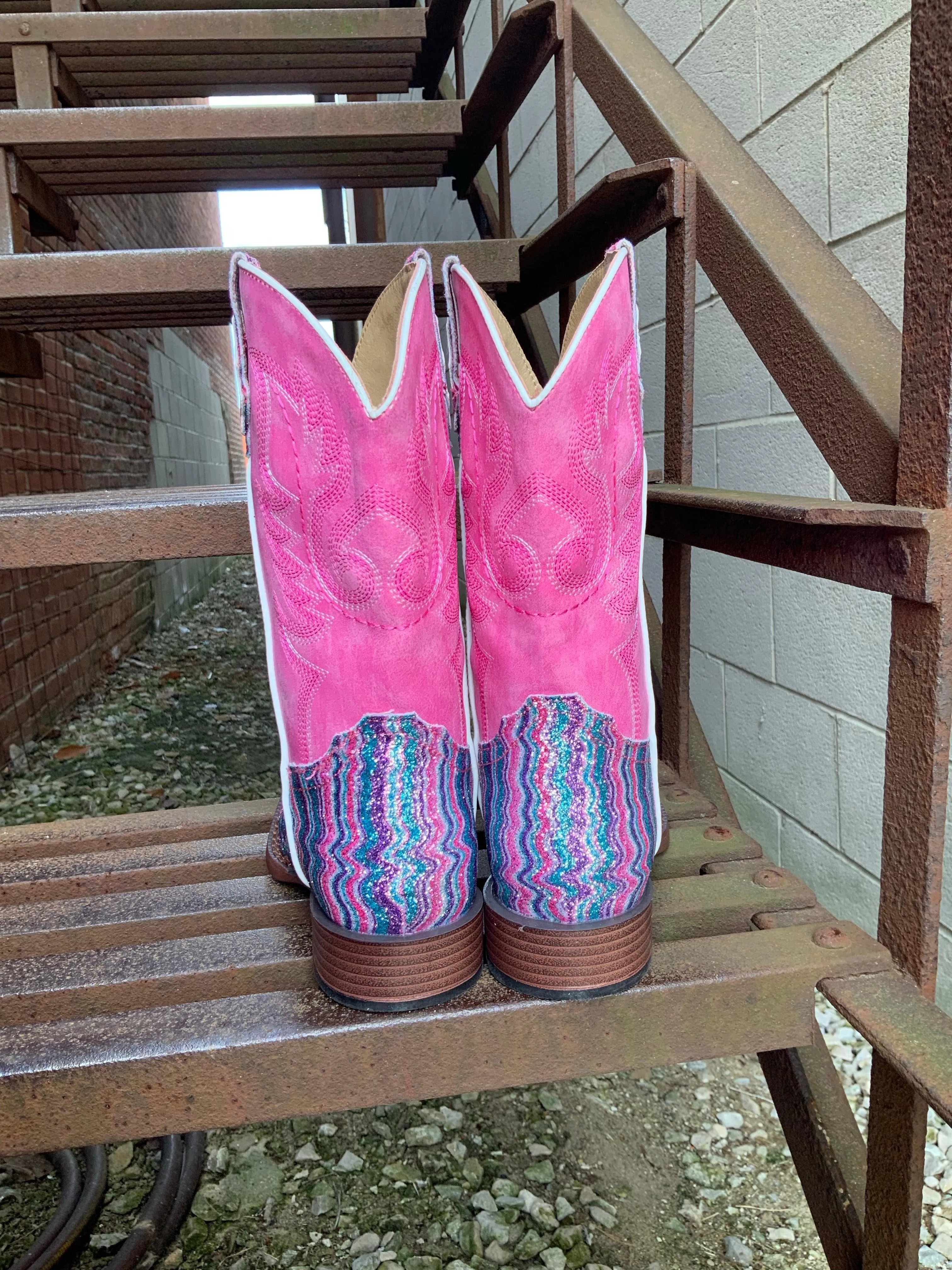 Glitter Pink Chevron Cowgirl Boots for Girls | Square Toe - Roper 1901-2922