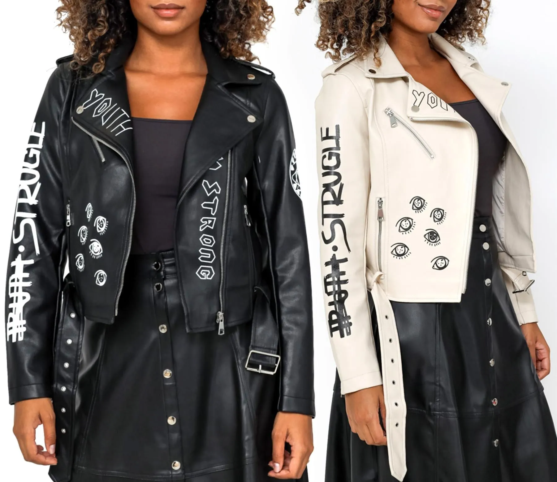 Graffiti PU Biker Jacket in Black and Beige, UK Sizes 8-14