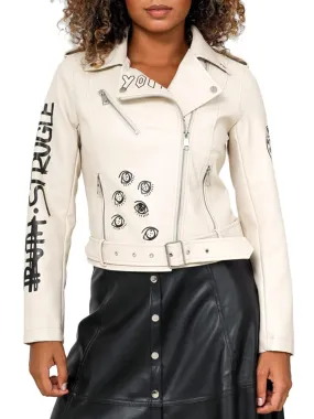 Graffiti PU Biker Jacket in Black and Beige, UK Sizes 8-14