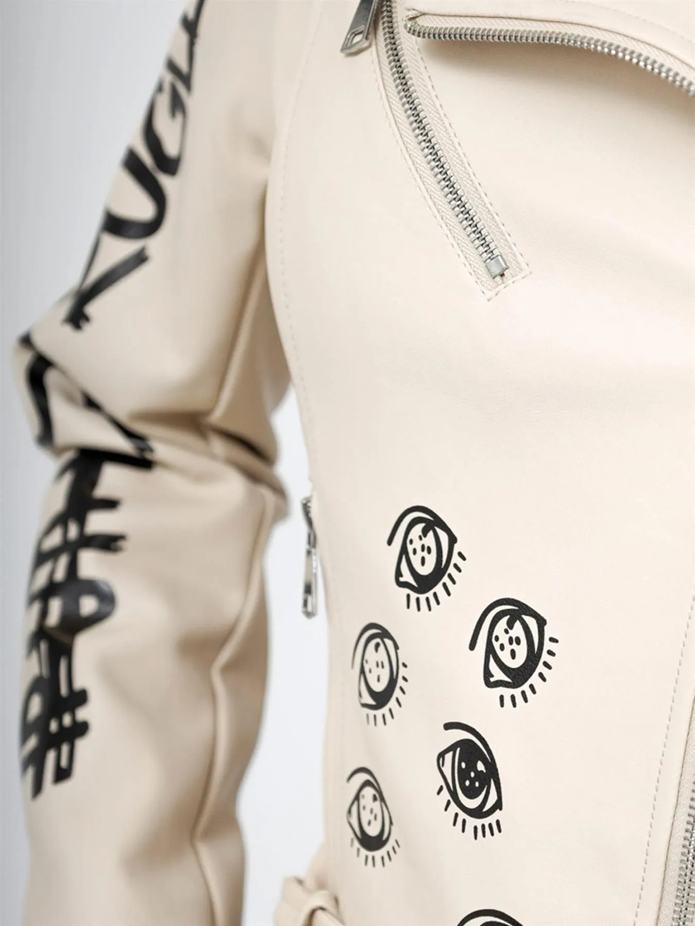 Graffiti PU Biker Jacket in Black and Beige, UK Sizes 8-14