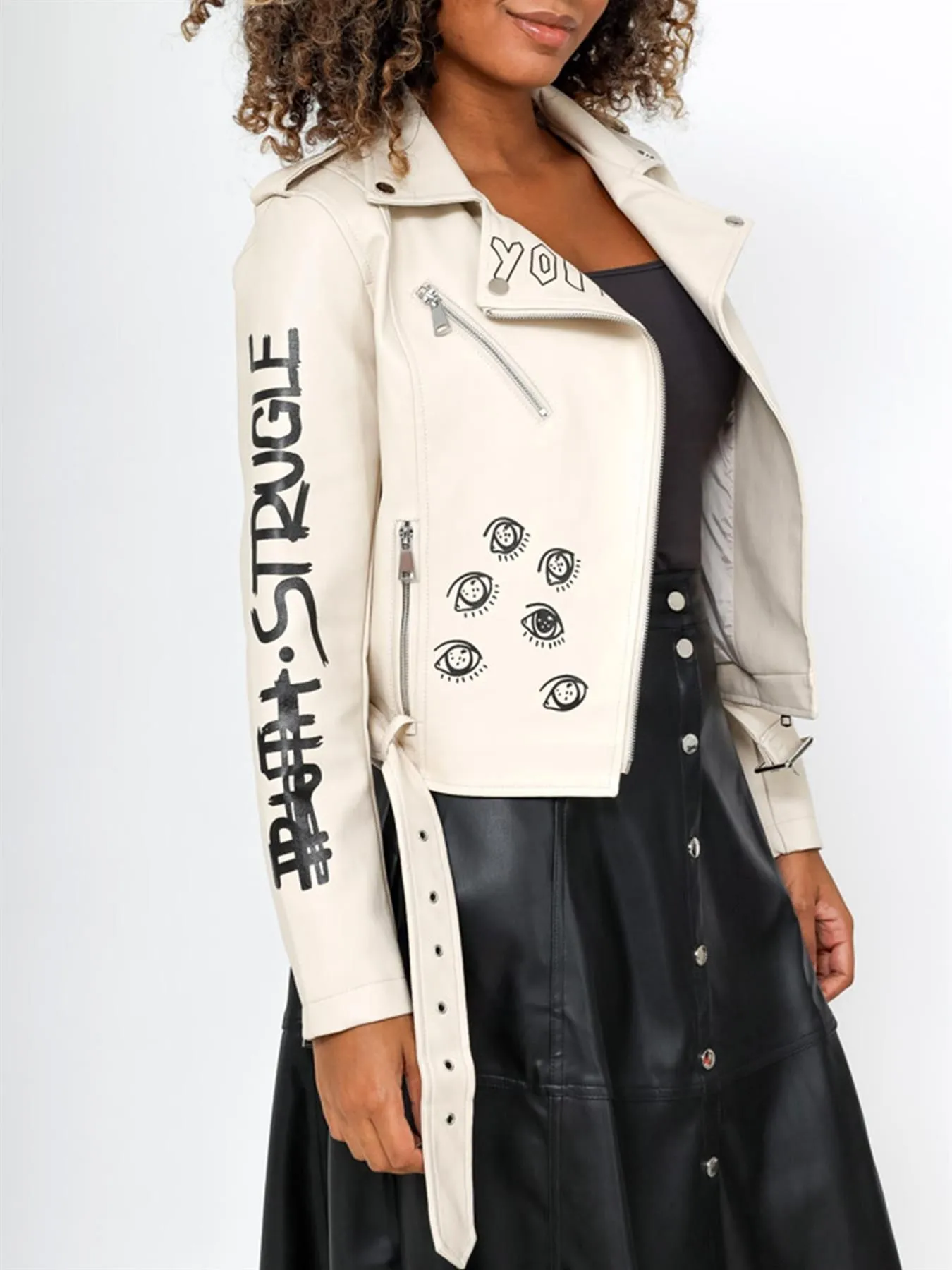 Graffiti PU Biker Jacket in Black and Beige, UK Sizes 8-14