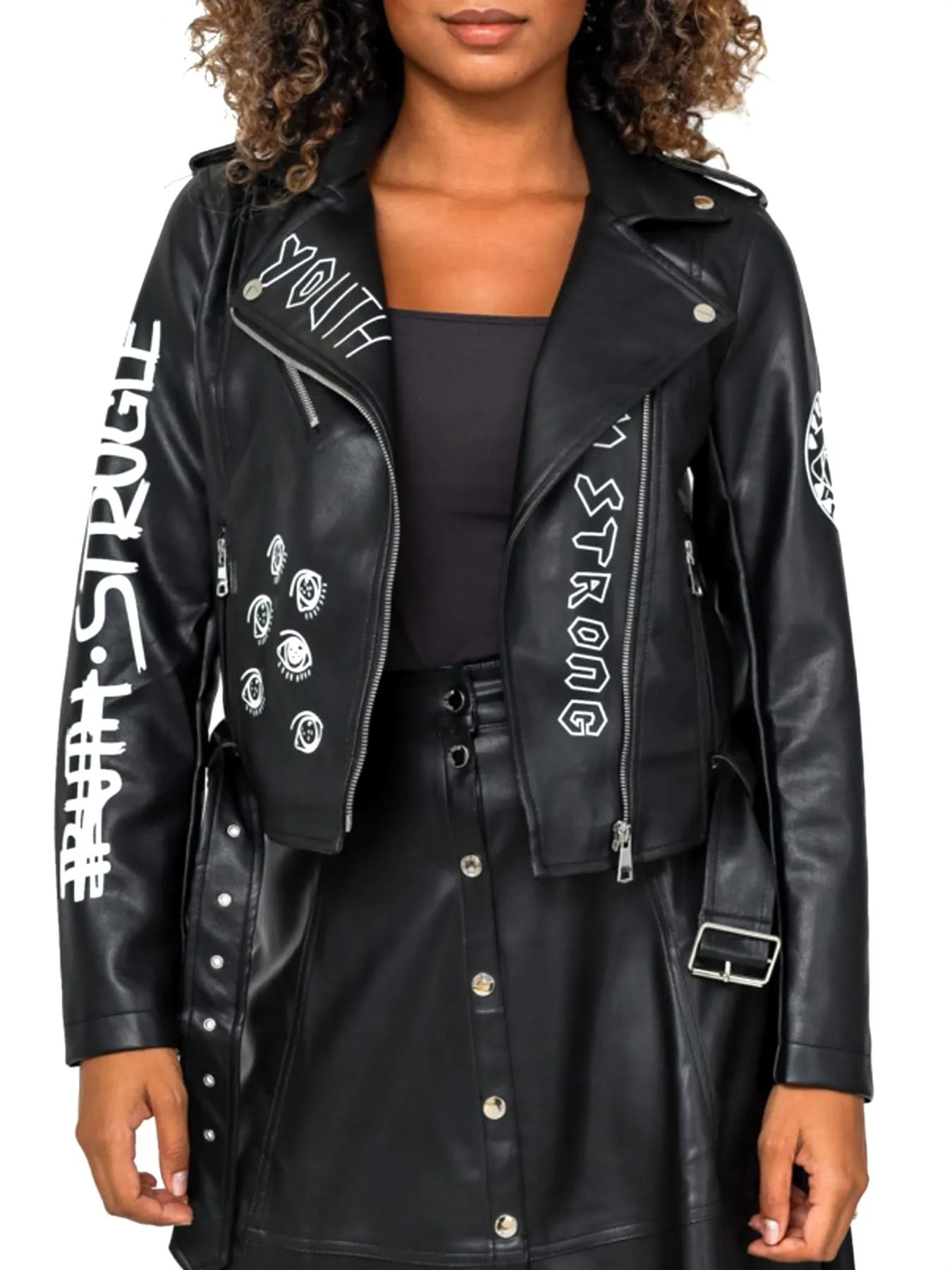 Graffiti PU Biker Jacket in Black and Beige, UK Sizes 8-14