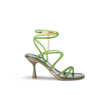 Green Nappa Leather Rhinestone Sandals