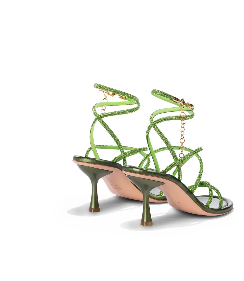 Green Nappa Leather Rhinestone Sandals