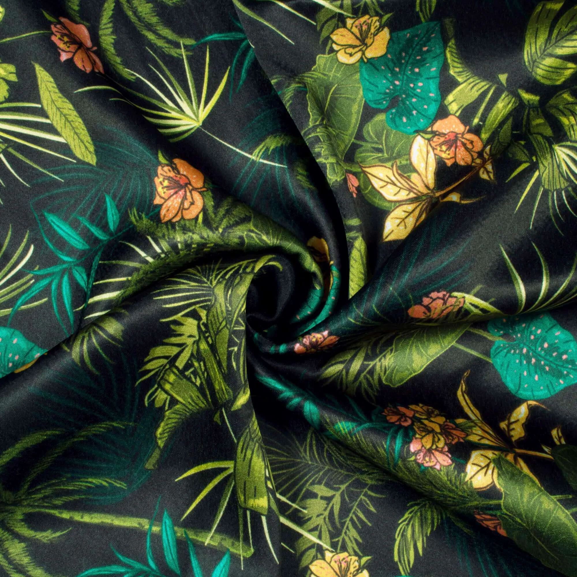 Green Tropical Pattern Satin Fabric.