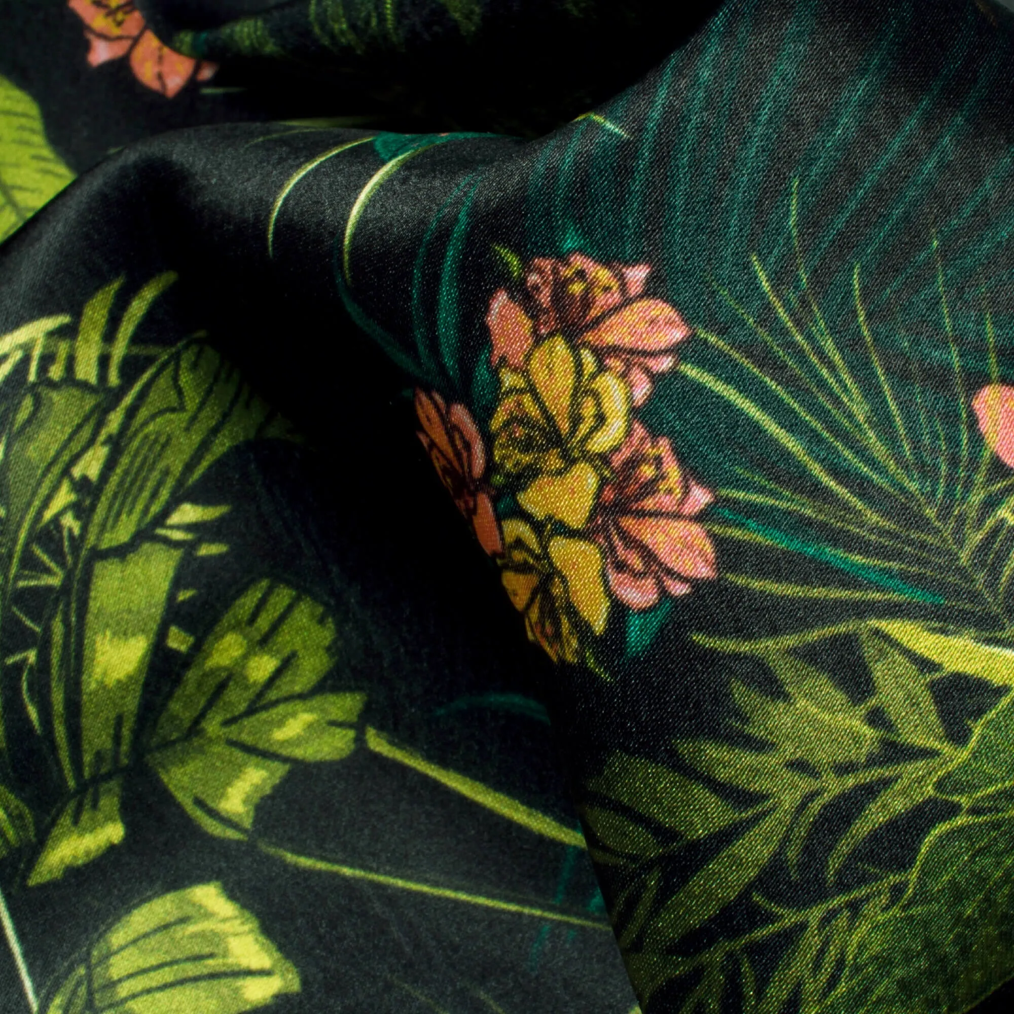 Green Tropical Pattern Satin Fabric.