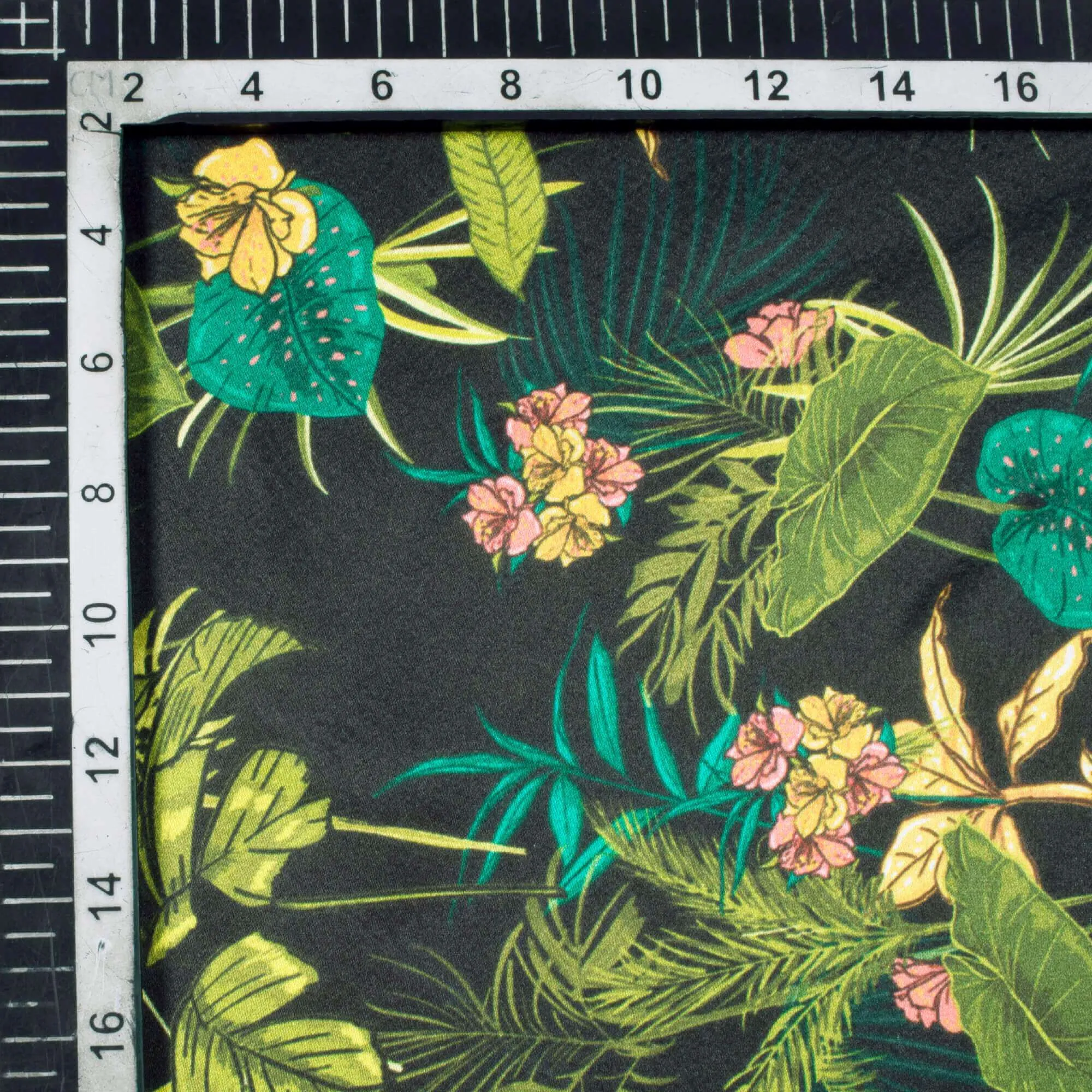 Green Tropical Pattern Satin Fabric.