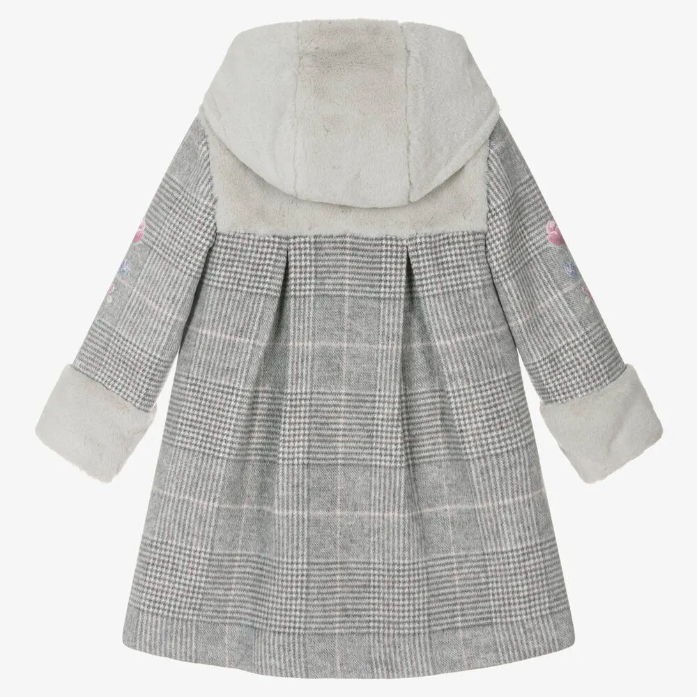 Grey Checked Wool Coat for Girls