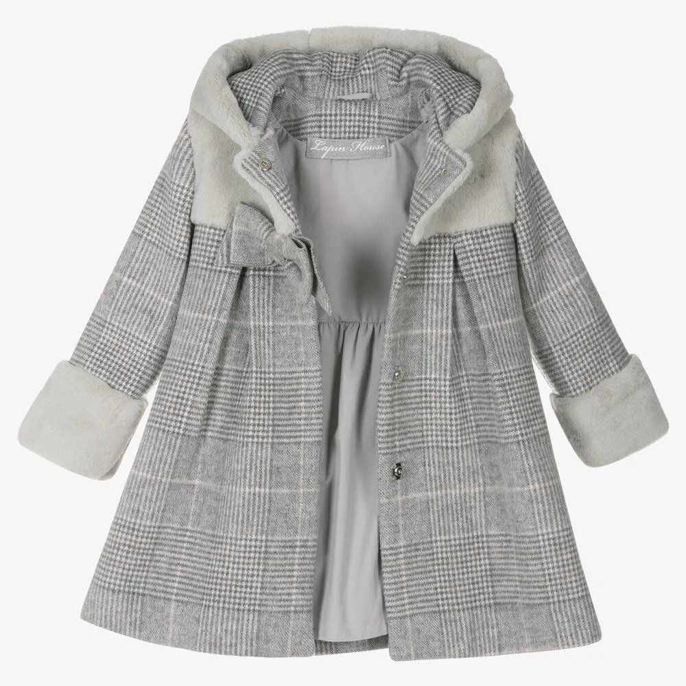 Grey Checked Wool Coat for Girls